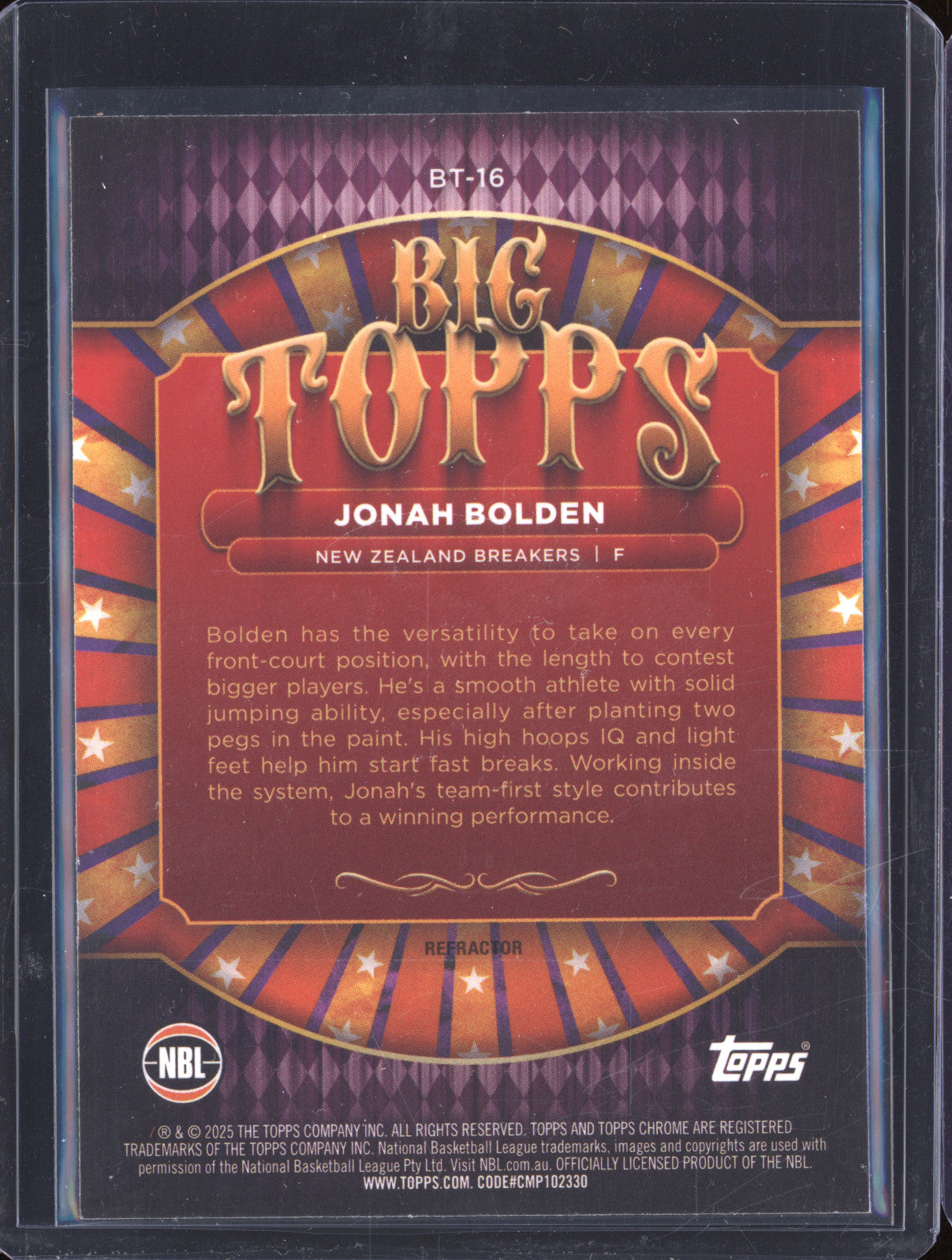 Jonah Bolden 2024 Topps Chrome NBL BT-16 Big Topps Refractor
