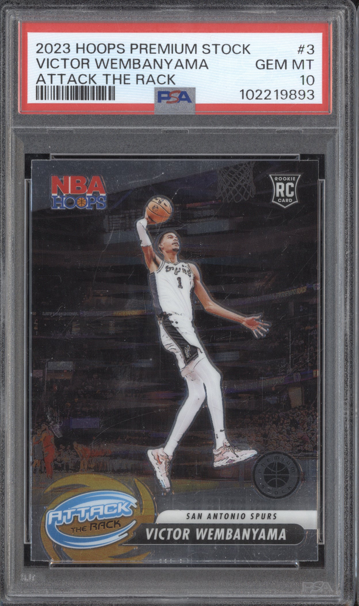 Victor Wembanyama 2023-24 Panini Hoops Premium Stock 3 Attack the Rack RC PSA 10