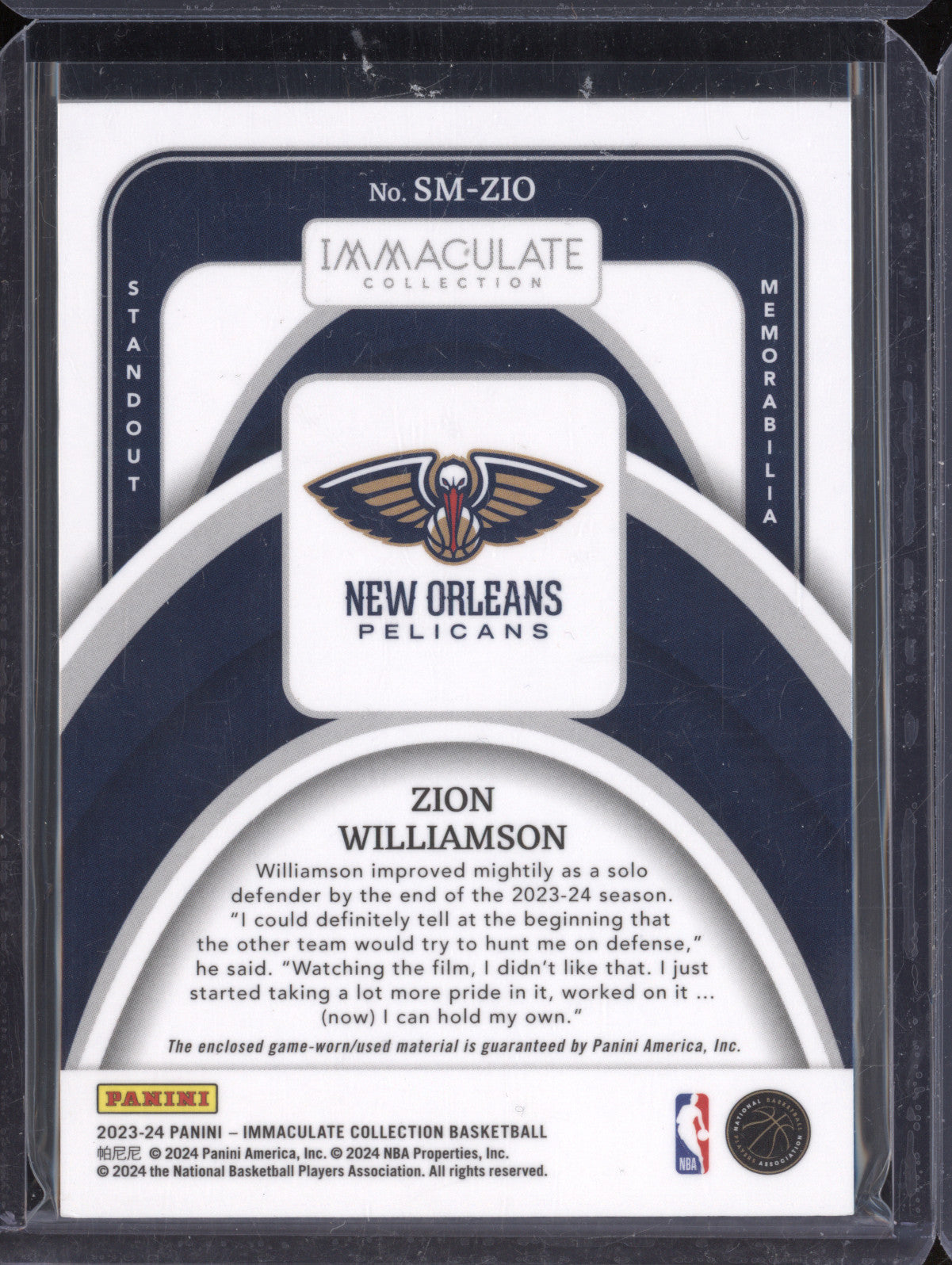 Zion Williamson 2023-24 Panini Immaculate SM-ZIO Standout Memorabilia 99/99