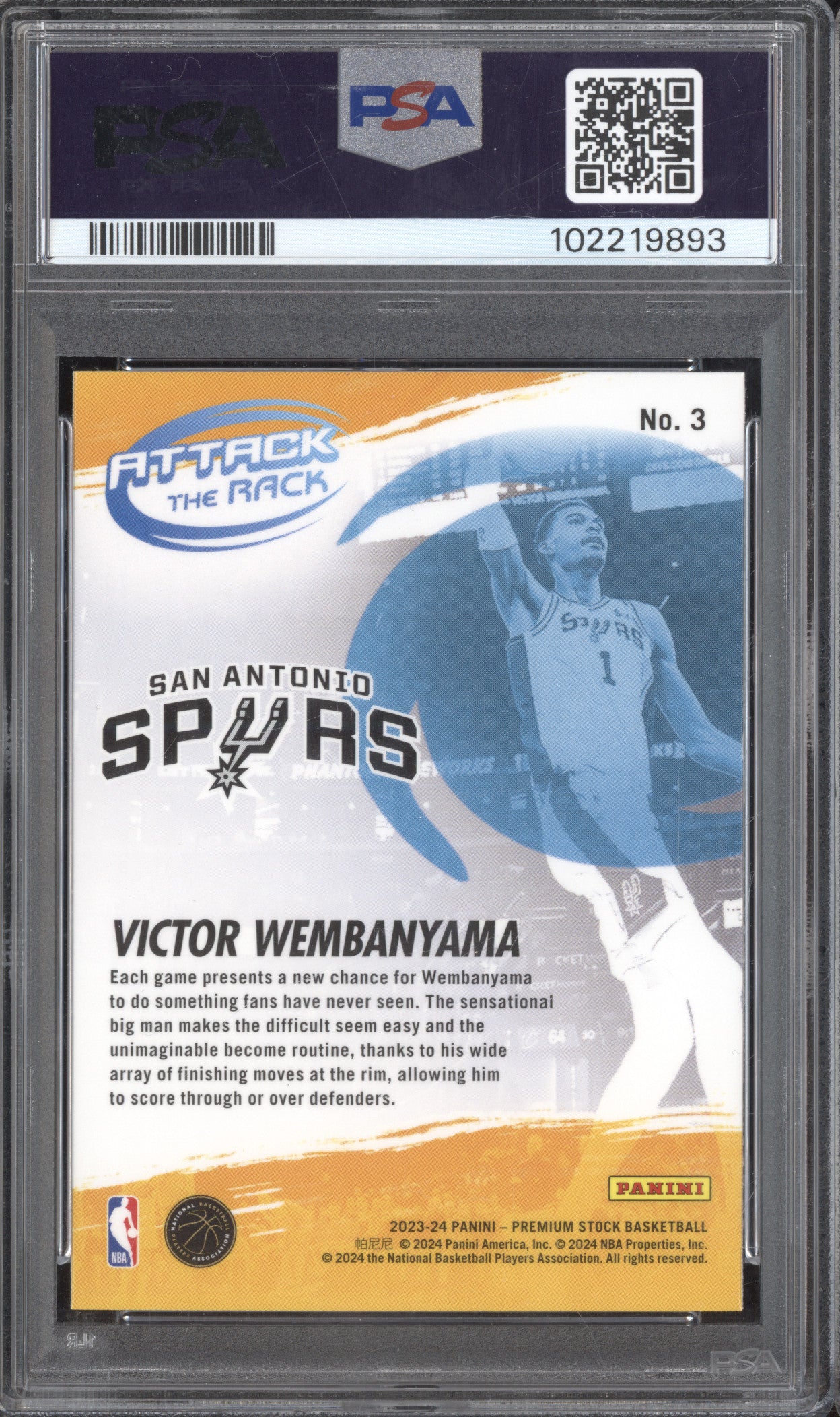 Victor Wembanyama 2023-24 Panini Hoops Premium Stock 3 Attack the Rack RC PSA 10