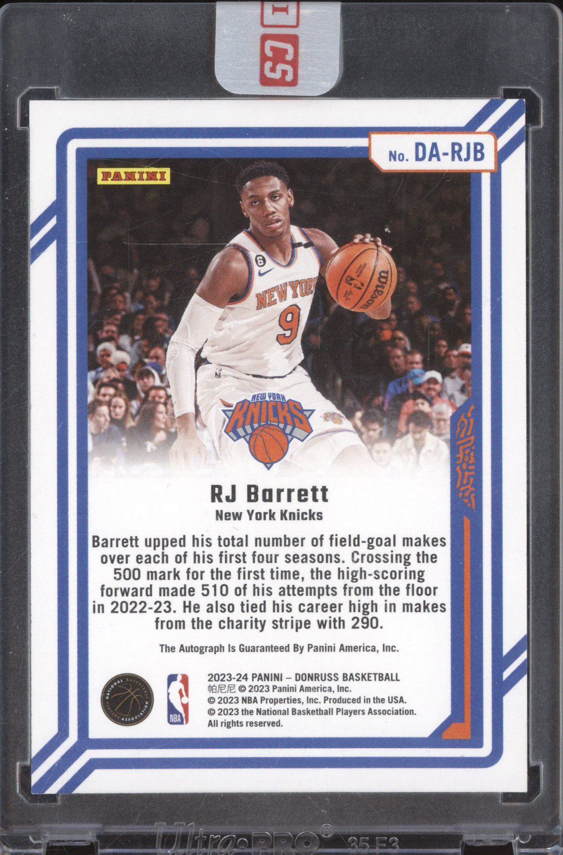RJ Barrett 2023-24 Panini Donruss DA-RJB Dominators Red and Gold Laser Holo Auto