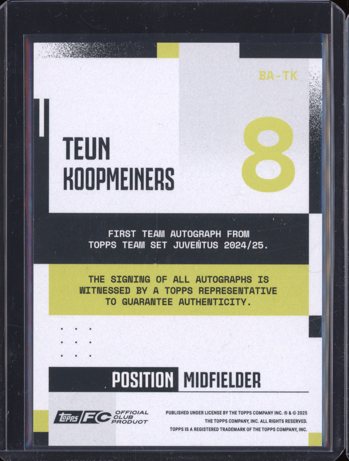 Teun Koopmeiners 2024-25 Topps Team Set Juventus FC BA-TK Autograph Gold 10/50