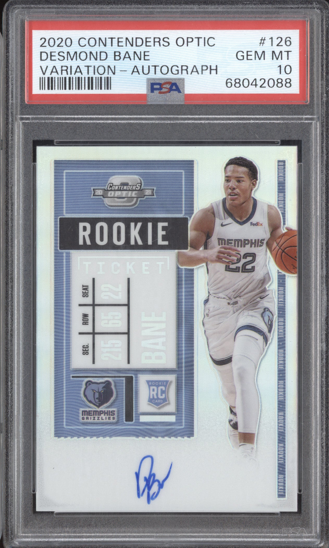 Desmond Bane 2020-21 Panini Contenders Optic 126 Variation Autograph RC PSA 10