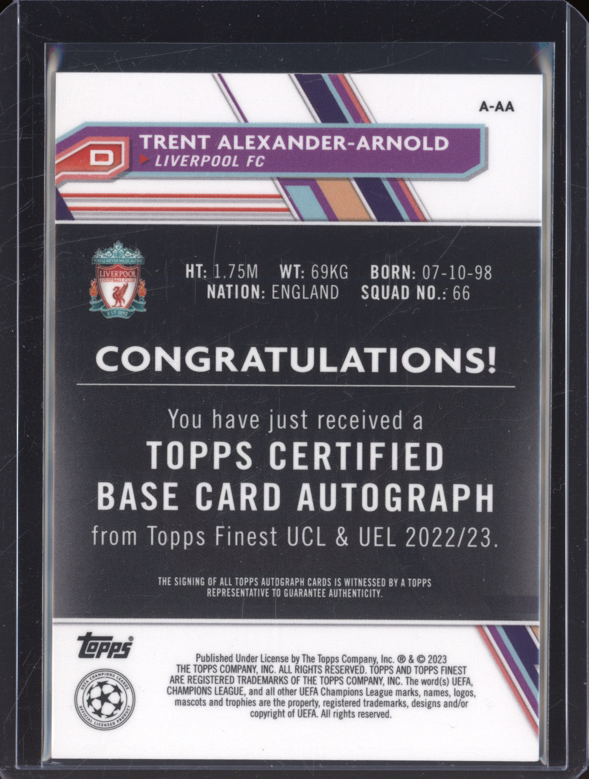 2022-23 Topps Finest Champions League A-AA Trent Alexander-Arnold Gold Auto /50