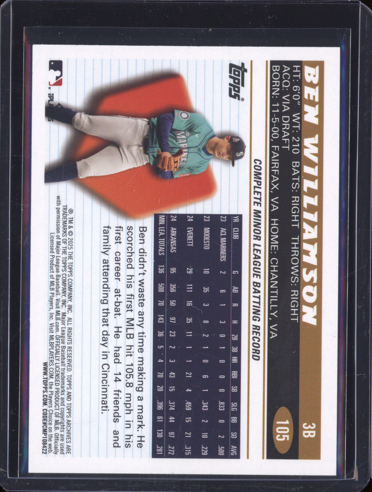 Ben Williamson 2025 Topps Archives 105 Aqua Scope Foilboard RC /75