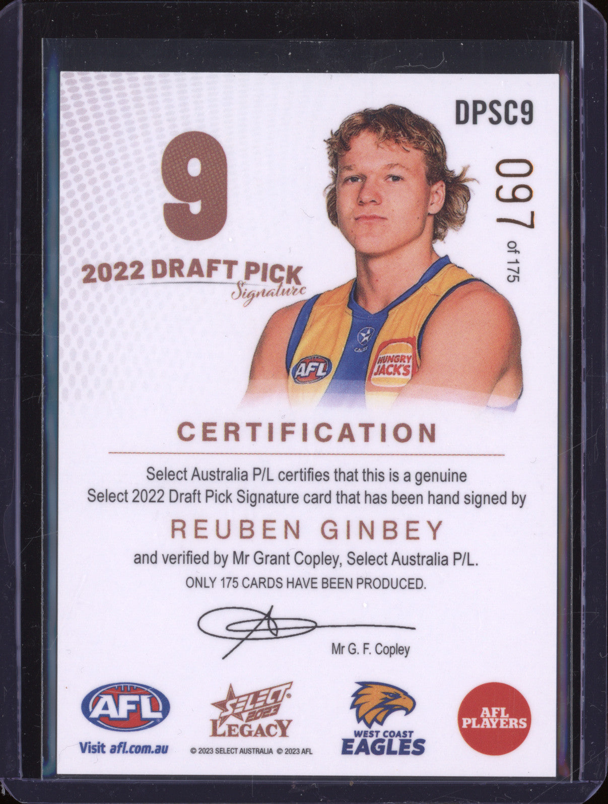 Reuben Ginbey 2024 Select Legacy Ultimate DPSC9 Draft Pick Signature Cooper /175