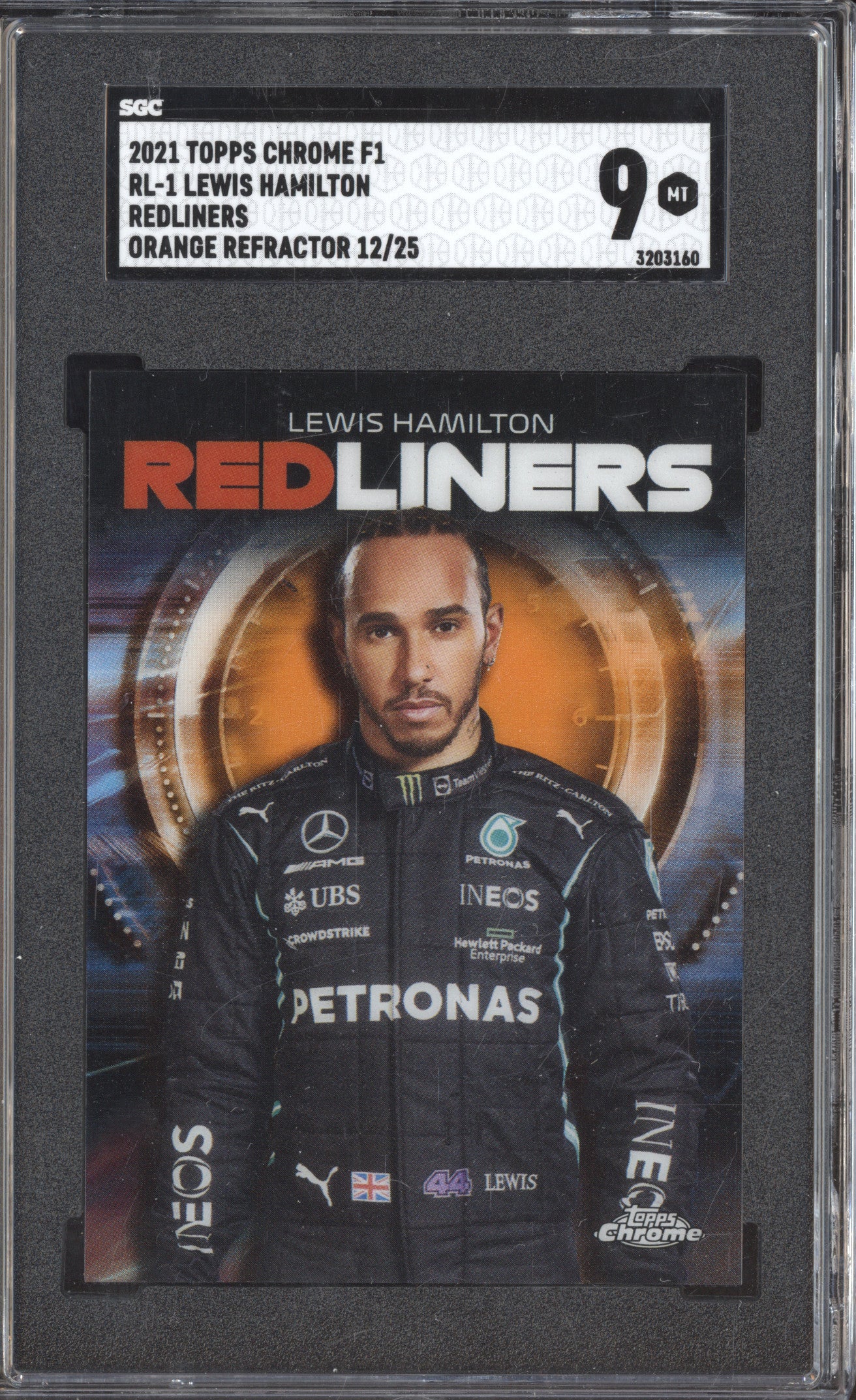 Lewis Hamilton 2021 Topps Chrome RL-1 Redliners Orange Refractor 12/25 SGC 9