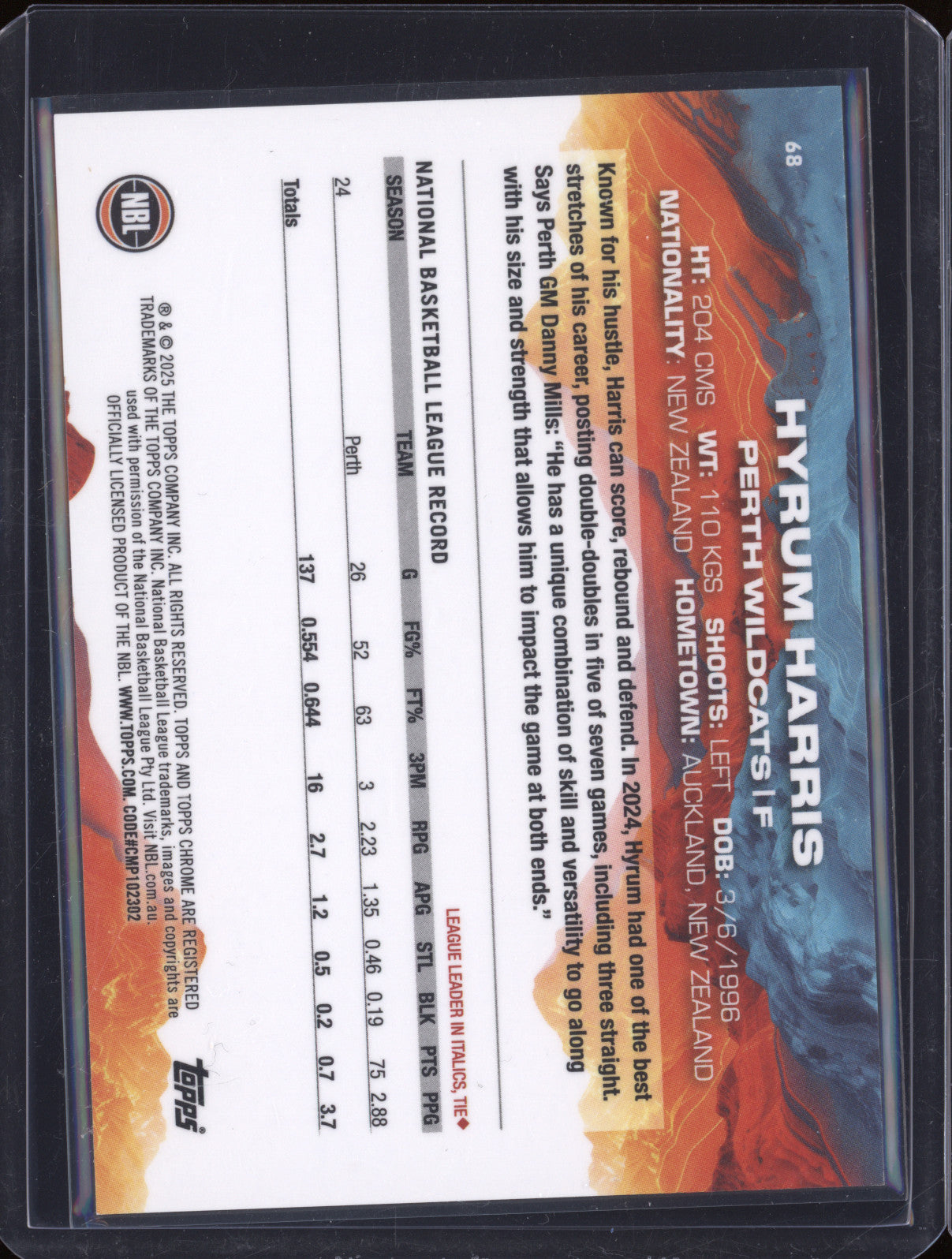 Hyrum Harris 2024 Topps Chrome NBL 68 Orange Refractor 25/25