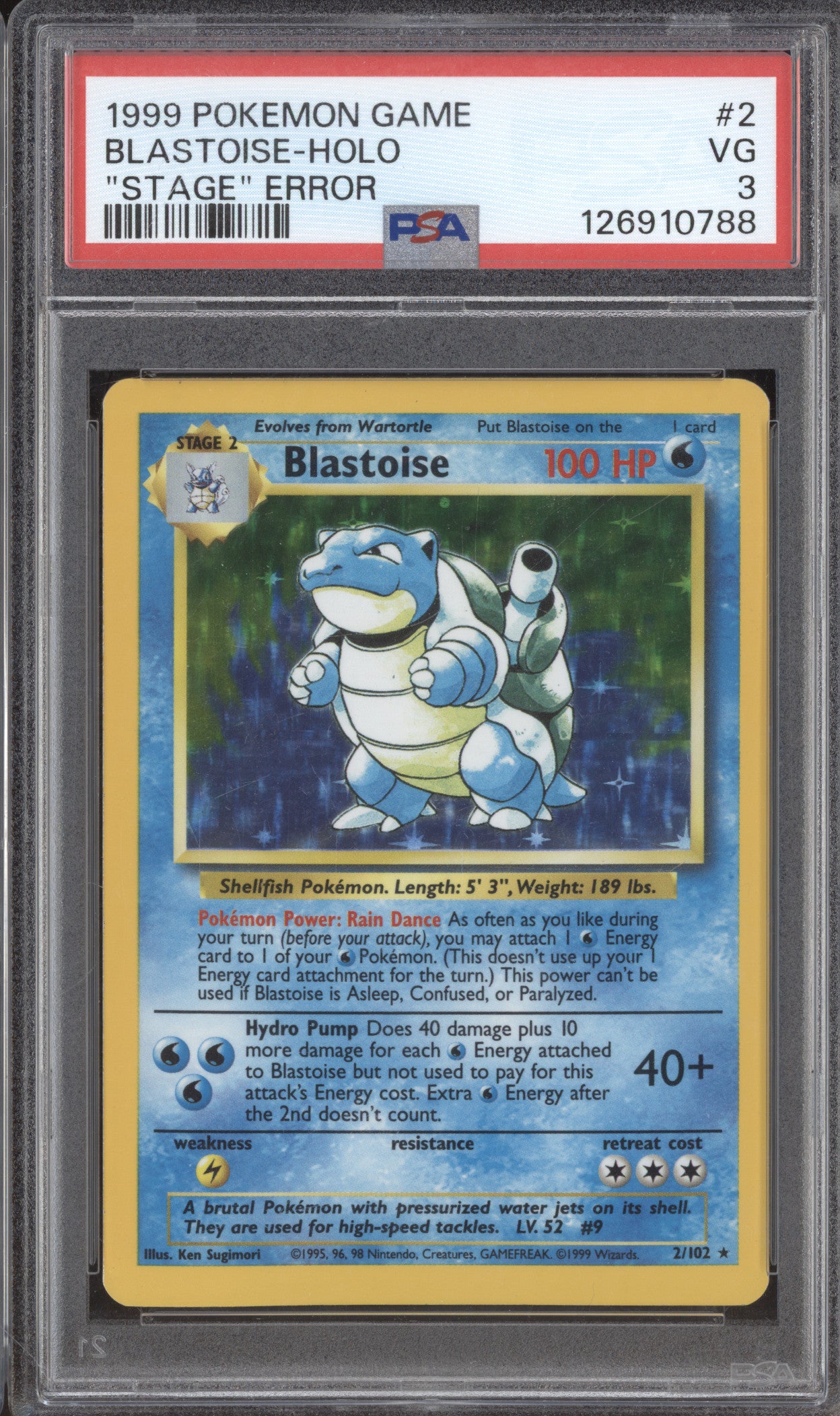 1999 Pokemon Base Set 2/102 Blastoise Holo 'No Stage Error' PSA 3