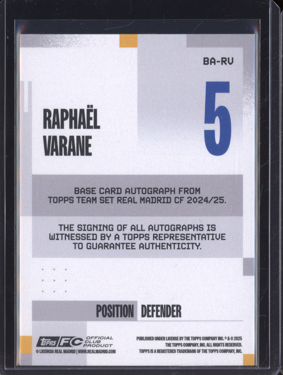 2025 Topps Real Madrid Team Set BA-RV Raphael Varane Auto 5/5
