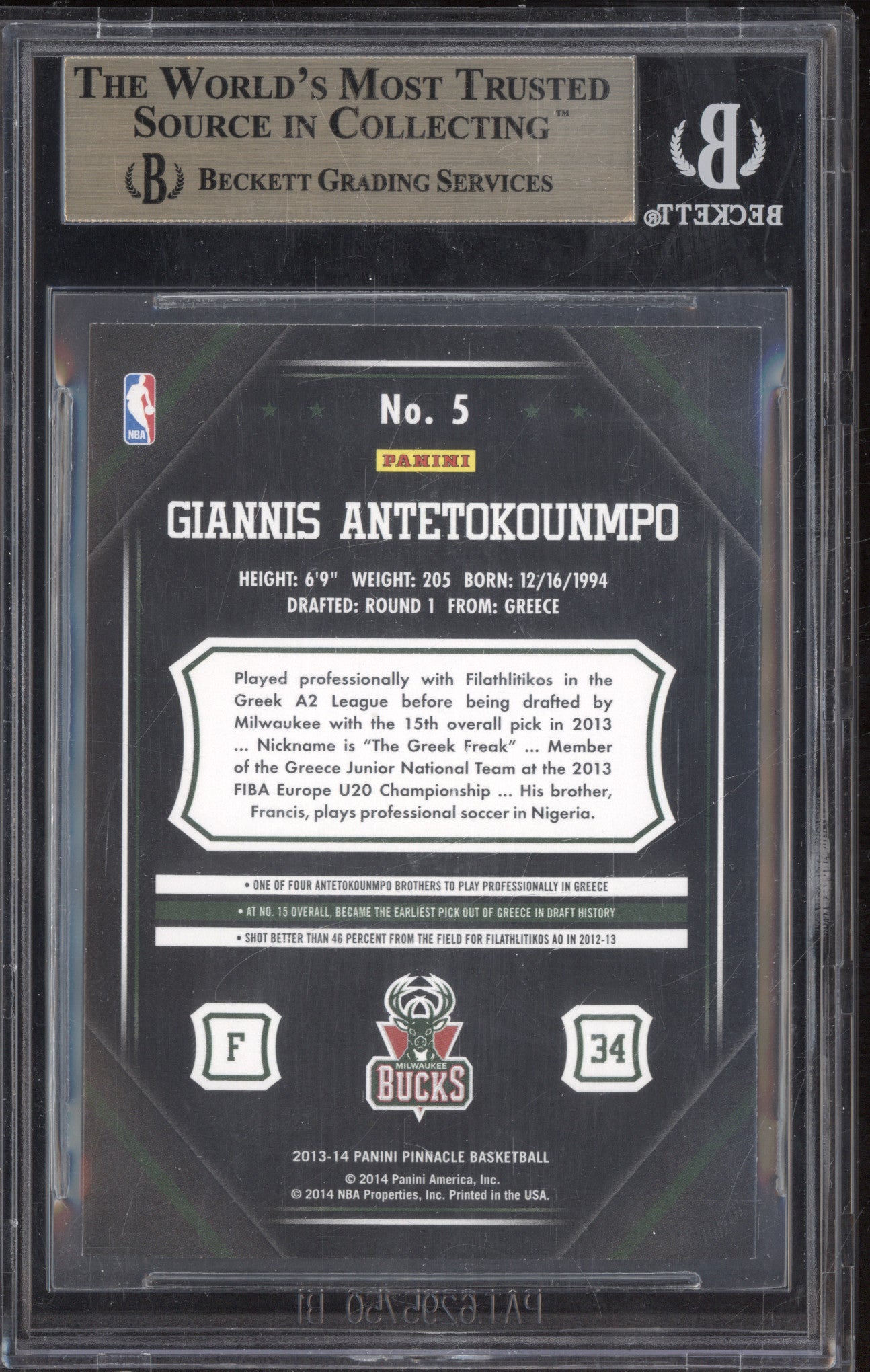 Giannis Antetokounmpo 2013-14 Panini Pinnacle 5 RC BGS 9.5