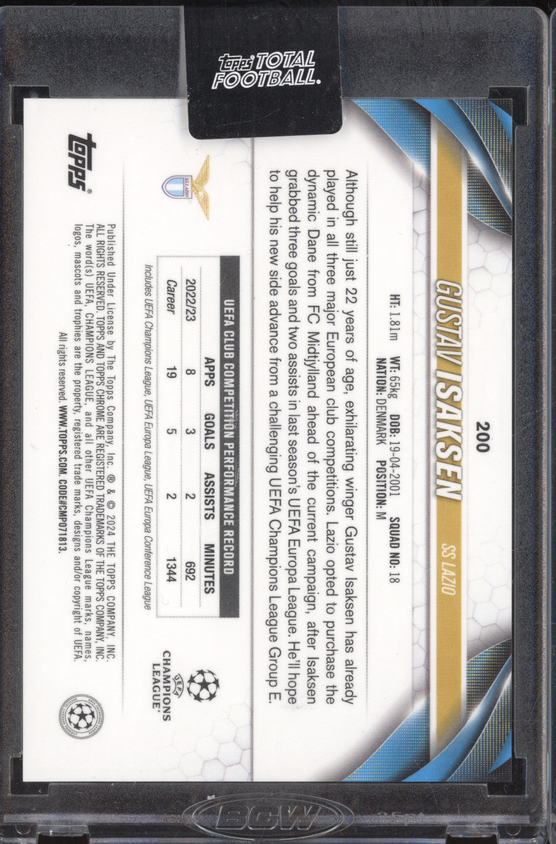 Gustav Isaksen 2023-24 Topps Total Football Chrome 200 Purple 1/3