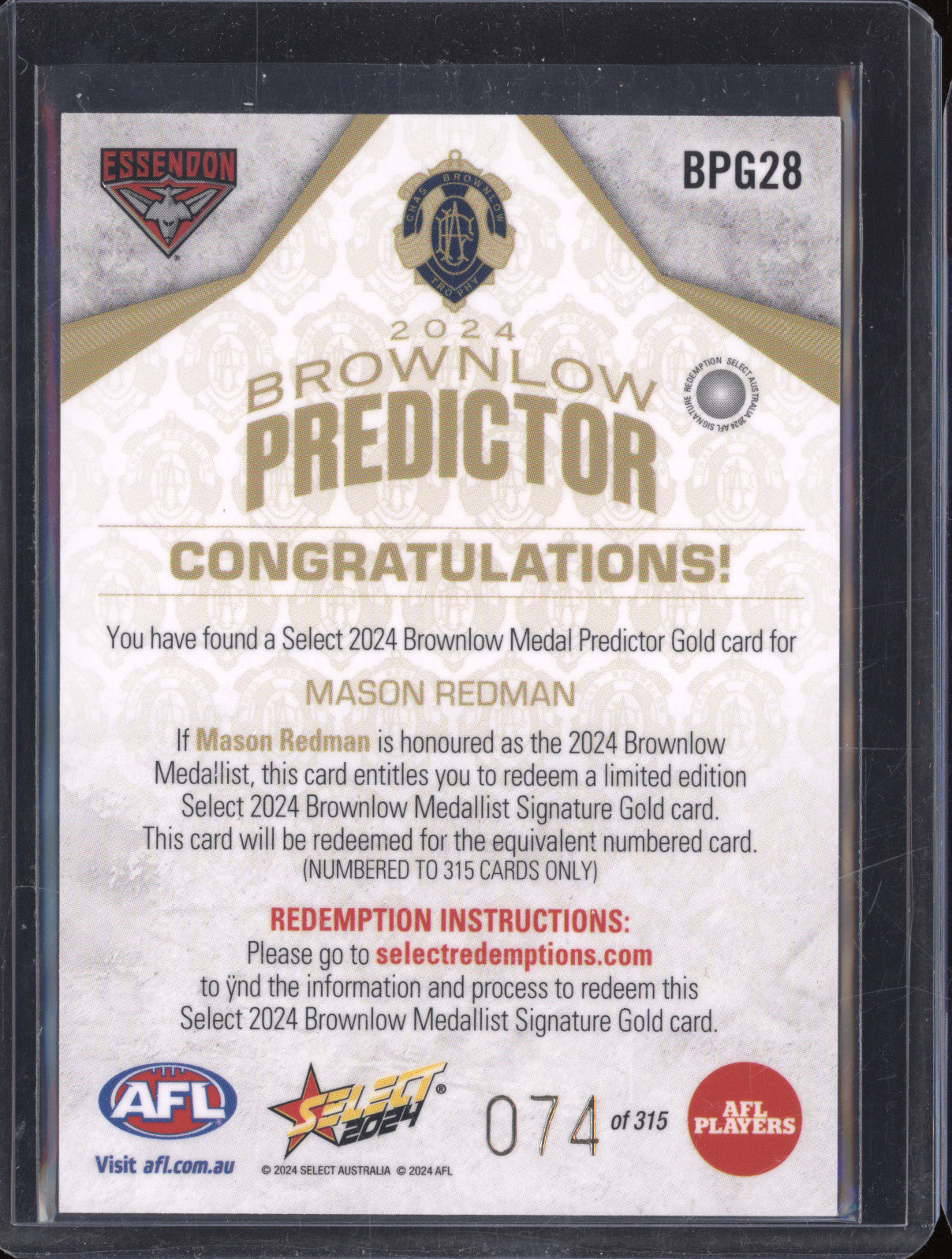 Mason Redman 2024 Select Footy Stars BPG28 Brownlow Predictor Gold 74/315