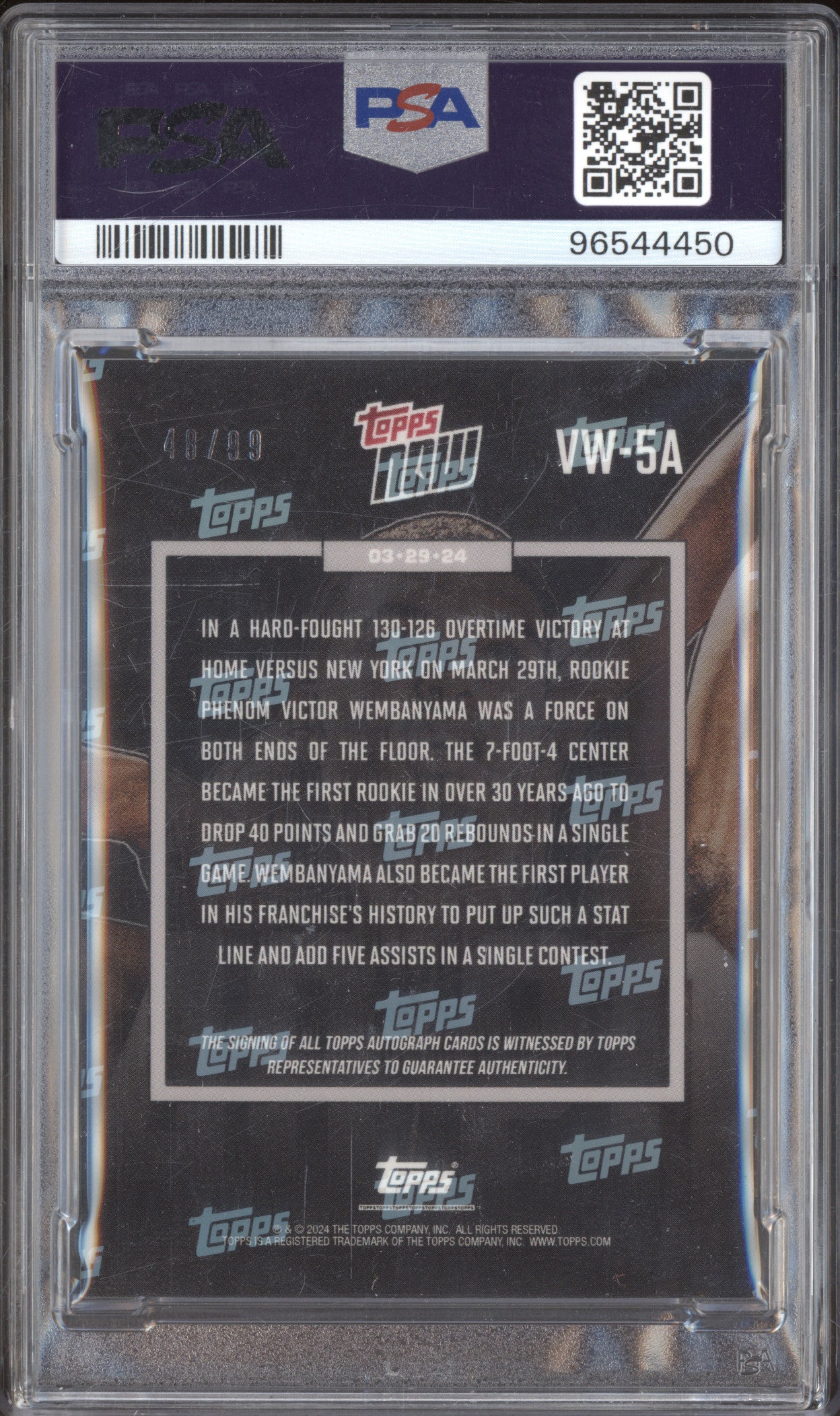 Victor Wembanyama 2023-24 Topps Topps Now VW5A 40/20 Autograph RC 48/99 PSA 8/8