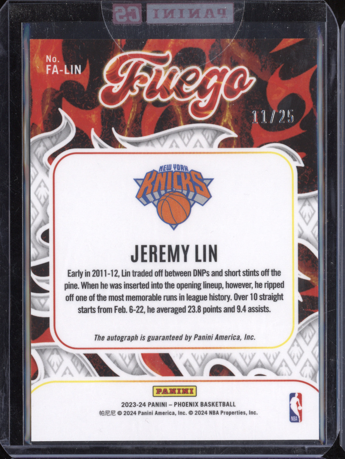 Jeremy Lin 2023-24 Panini Phoenix FA-LIN Fuego Auto Blue 11/25