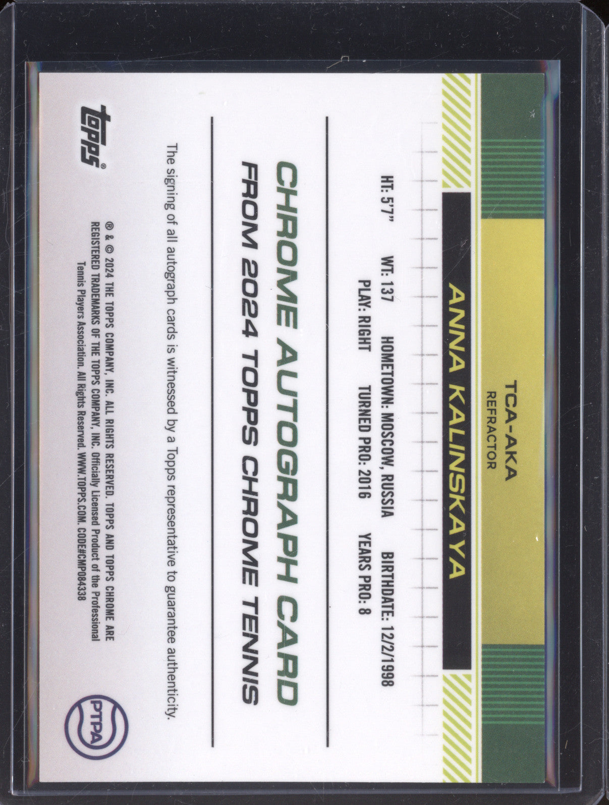 Anna Kalinskaya 2024 Topps Chrome TCA-AKA Chrome Auto Refractor 55/499