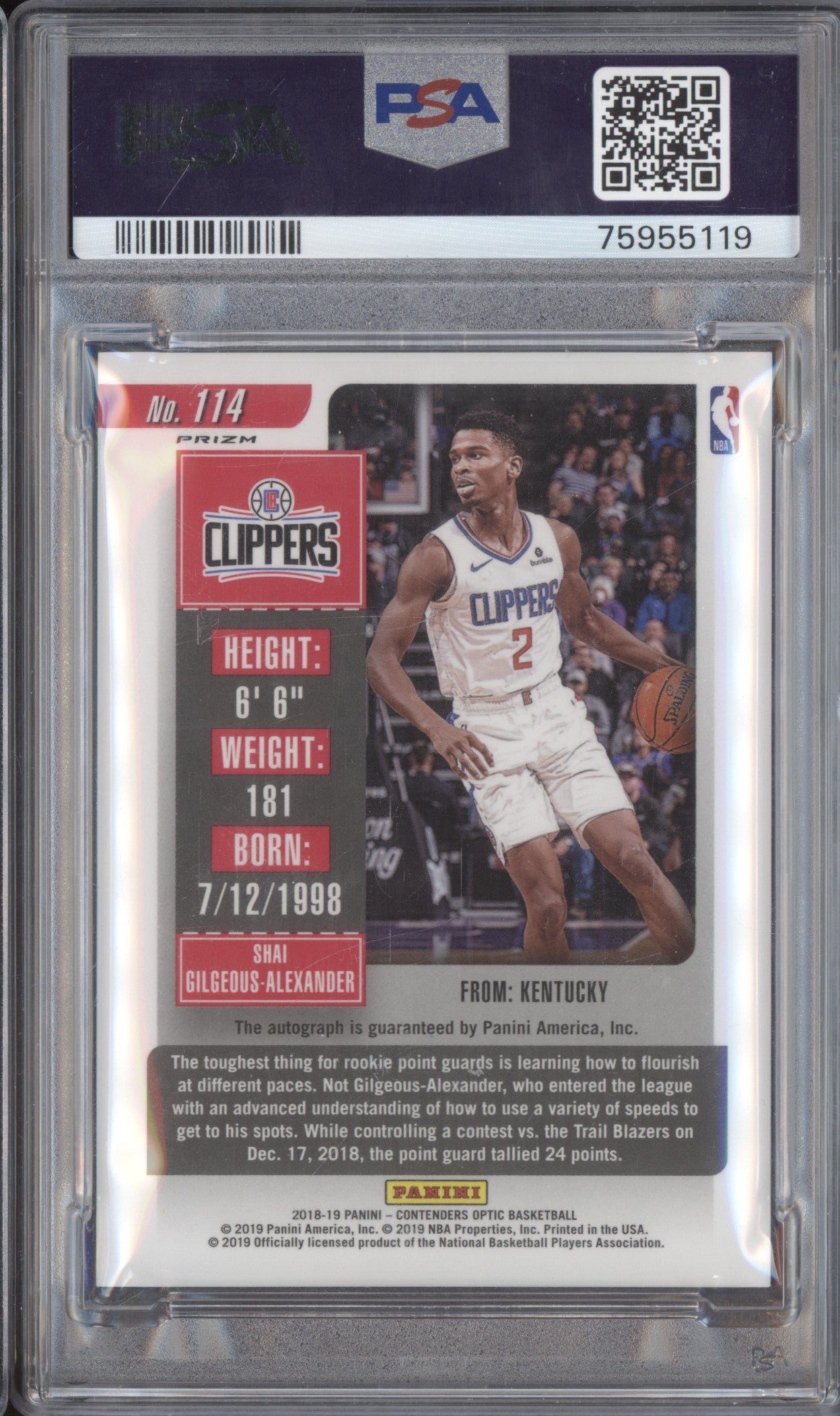 Shai Gilgeous-Alexander 2018-19 Panini Contenders Optic RC White Jersey Auto PSA 9