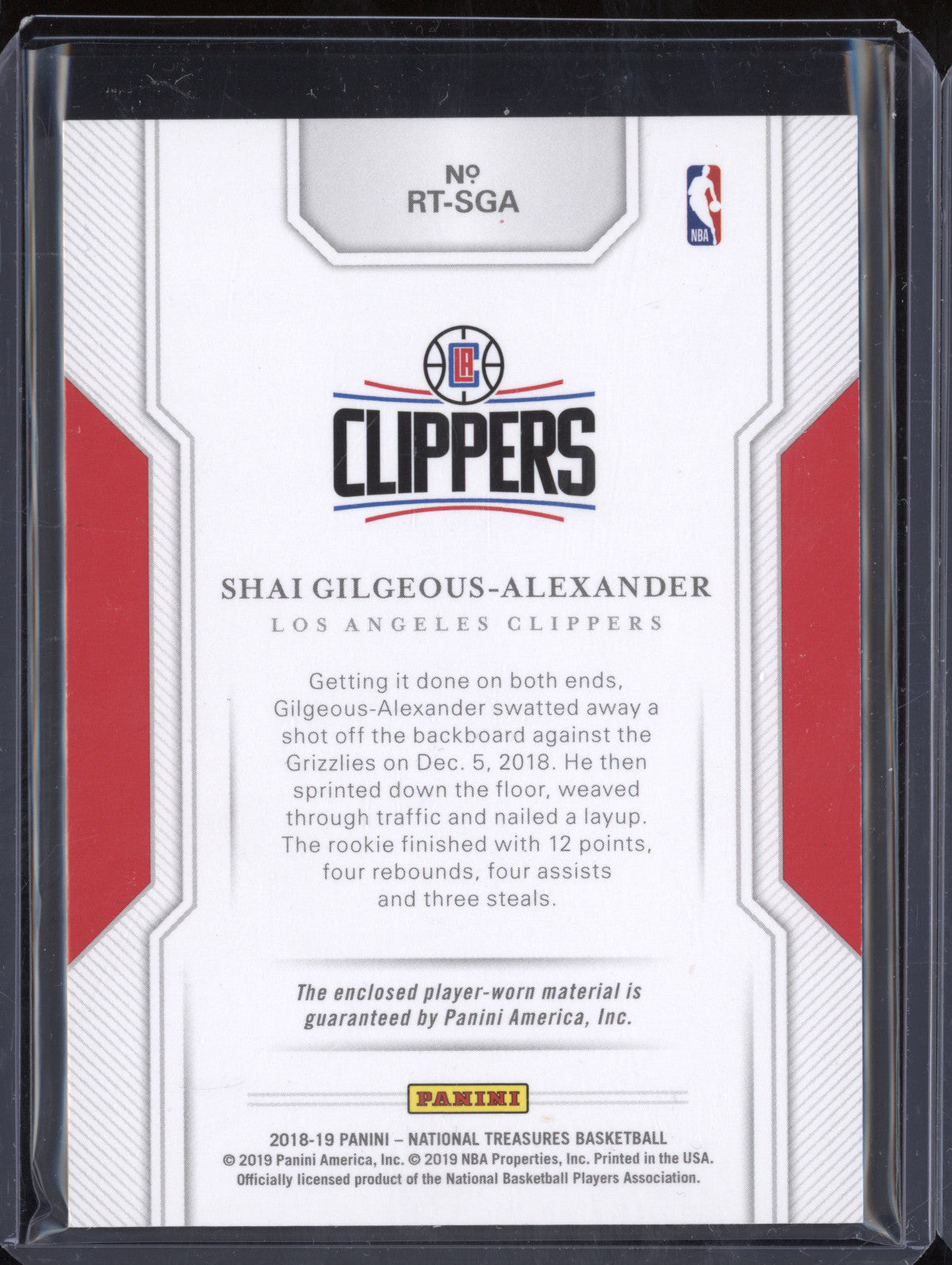 Shai Gilgeous-Alexander 2018-19 Panini NT RT-SGA Rookie Triple Materials RC 7/99