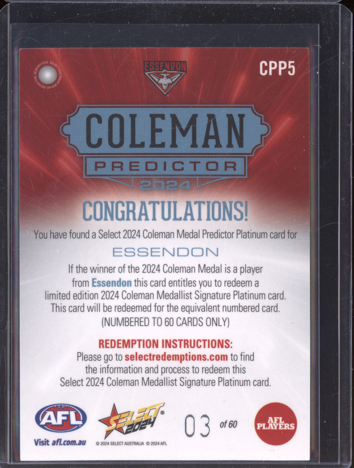Essendon Bombers 2024 Select Footy Stars CPP5 Coleman Predictor Platinum 03/60