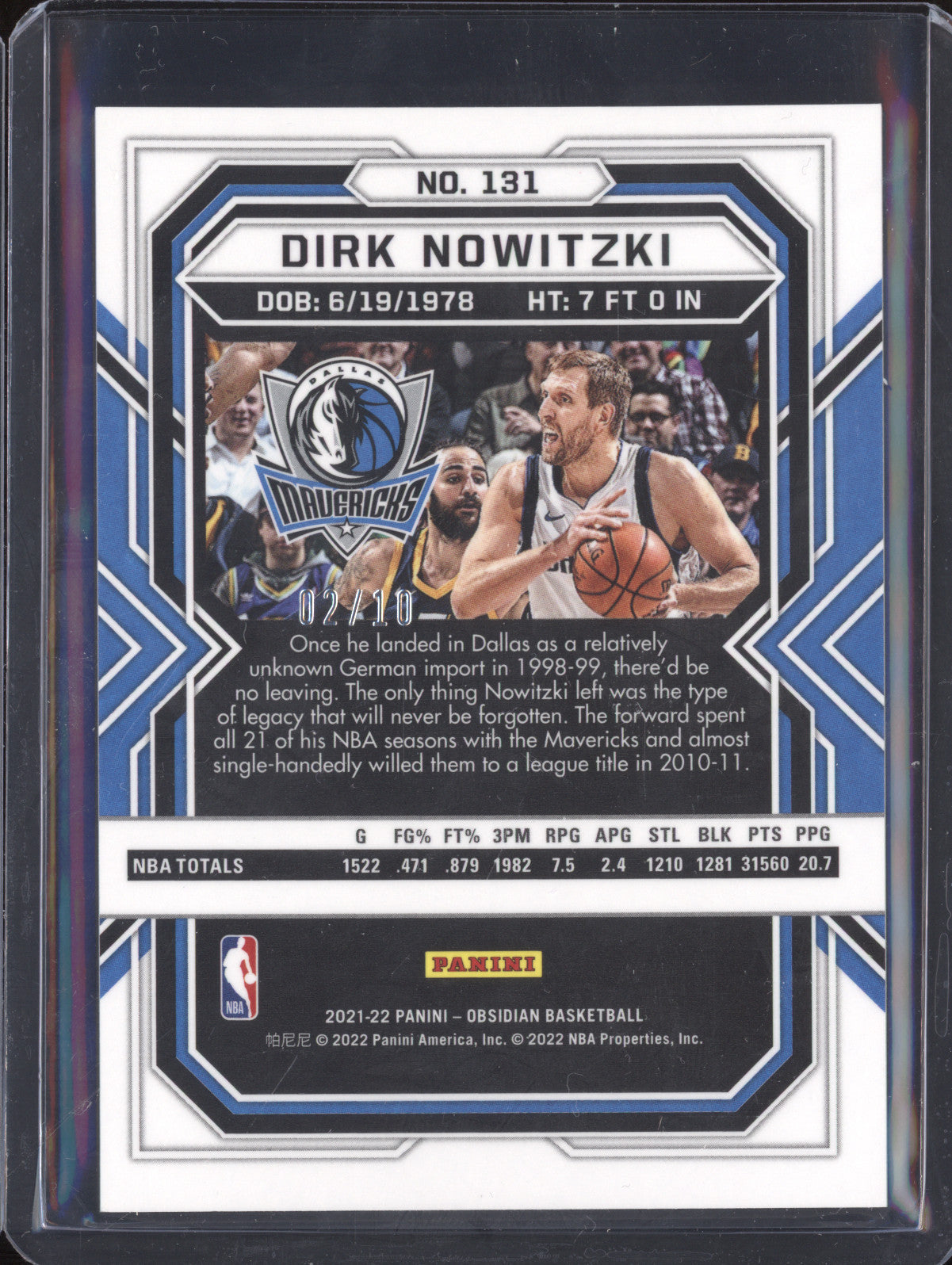 Dirk Nowitzki 2021-22 Panini Obsidian 131 Yellow Flood 2/10