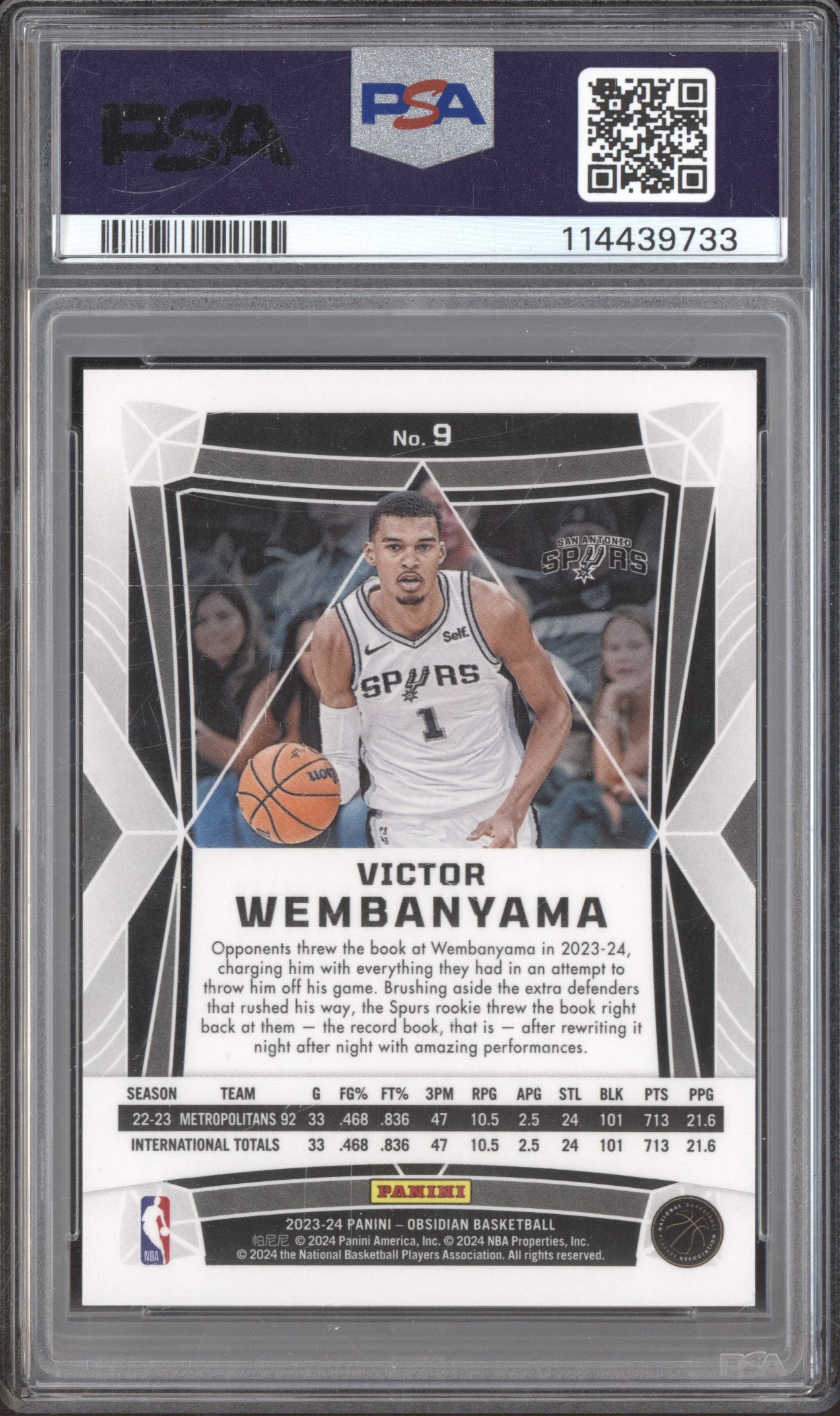 Victor Wembanyama 2023 Panini Obsidian 9 Electric Etch International RC PSA 9