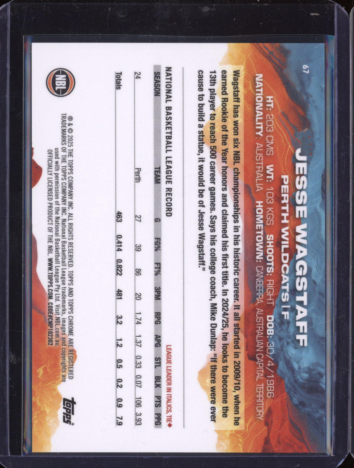 Jesse Wagstaff 2024 Topps Chrome NBL 67 Gold Refractor 27/50
