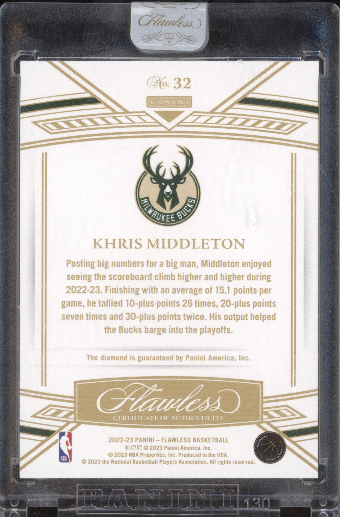 Khris Middleton 2022-23 Panini Flawless 32 Emerald Diamond 1/5