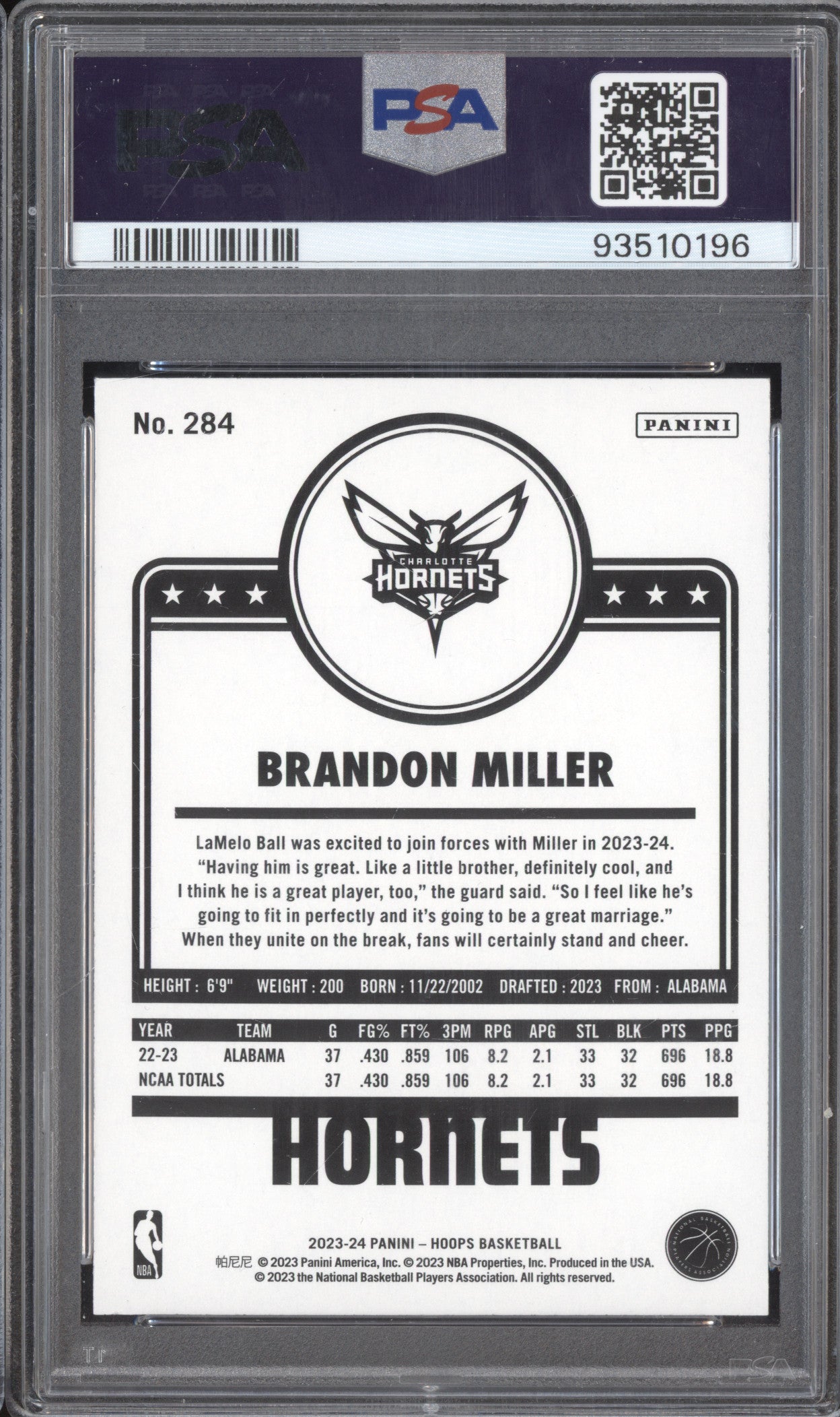Brandon Miller 2023-24 Panini Hoops 284 Teal Explosion RC PSA 9