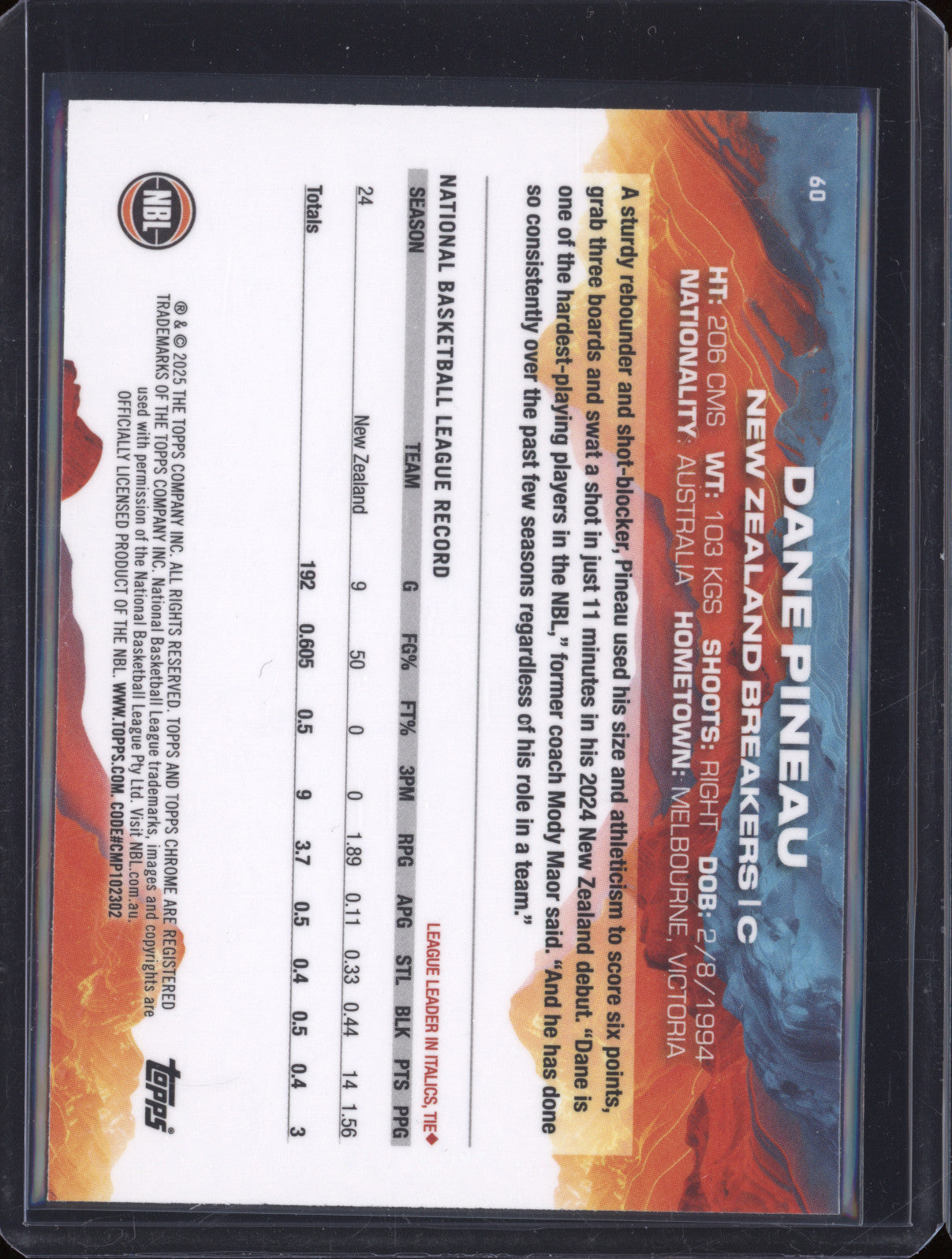 Dane Pineau 2024 Topps Chrome NBL 60 Blue Refractor 50/75