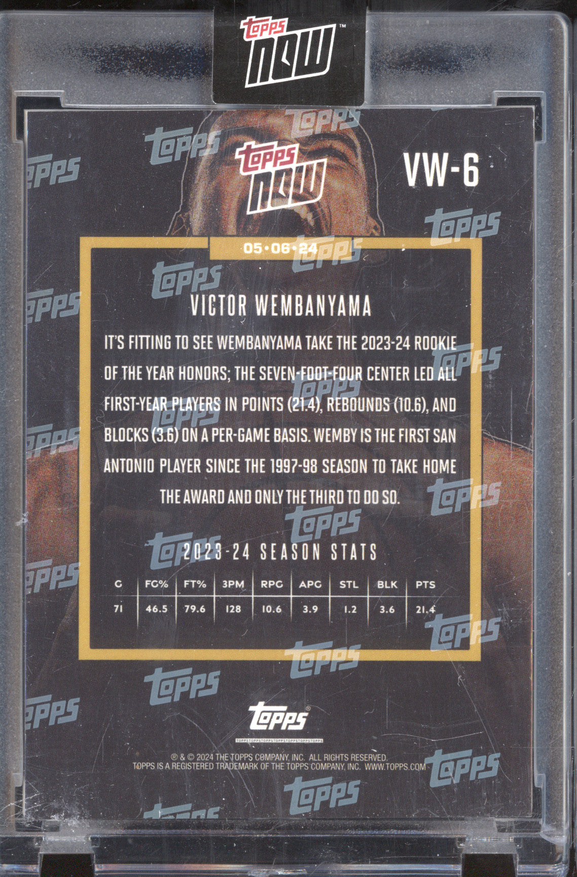 Victor Wembanyama 2024 Topps Now VW-6 Rookie of the Year RC