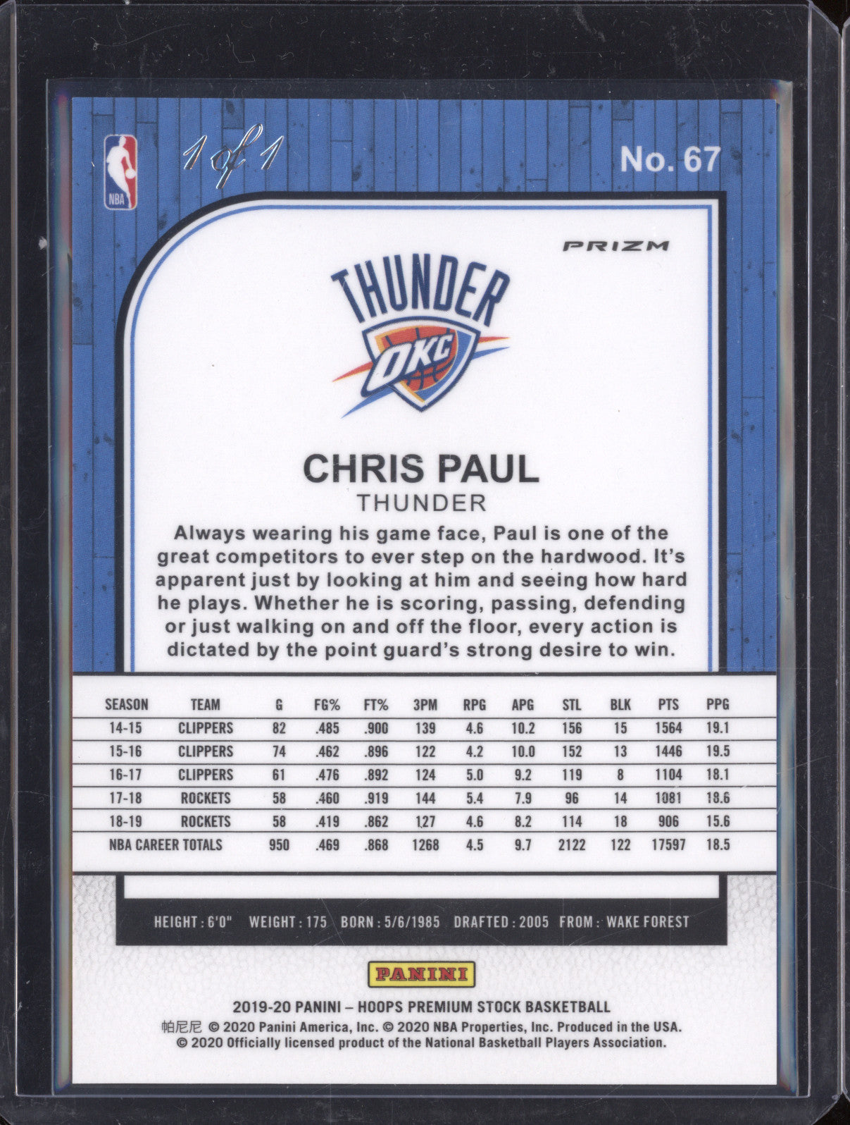 Chris Paul 2019-20 Panini Hoops 67 Premium Stock Black Shimmer 1/1