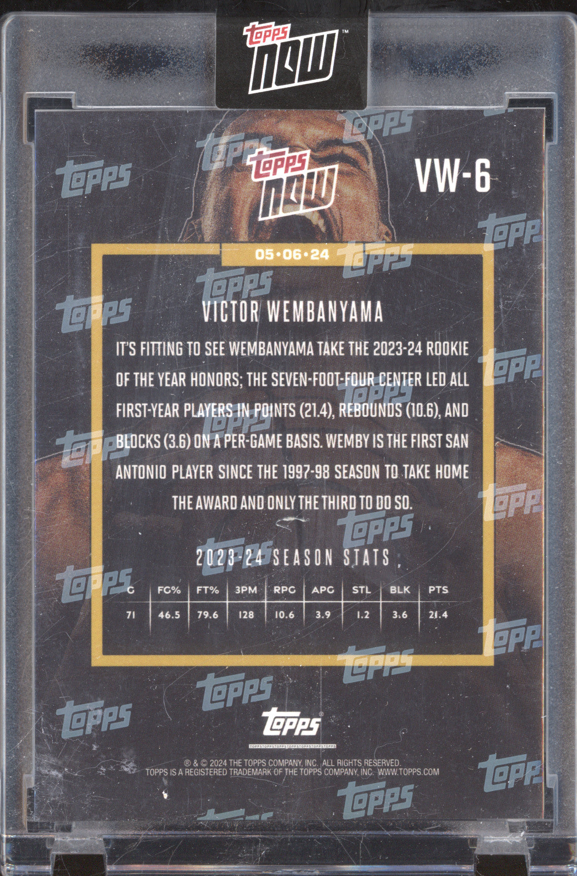 Victor Wembanyama 2024 Topps Now VW-6 Rookie of the Year RC