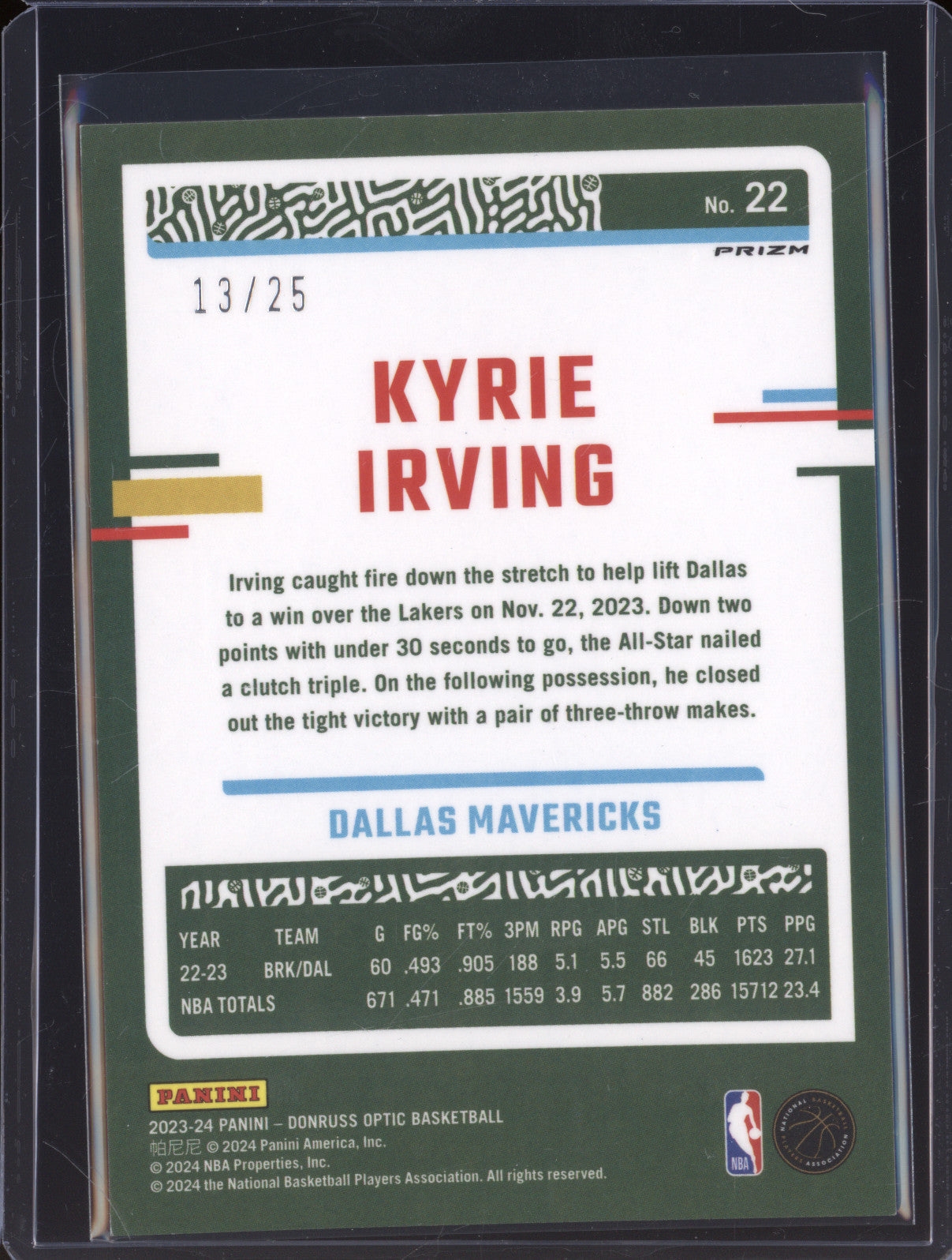 2023 Donruss Optic 22 Kyrie Irving Hyper Pink Fastbreak 13/25