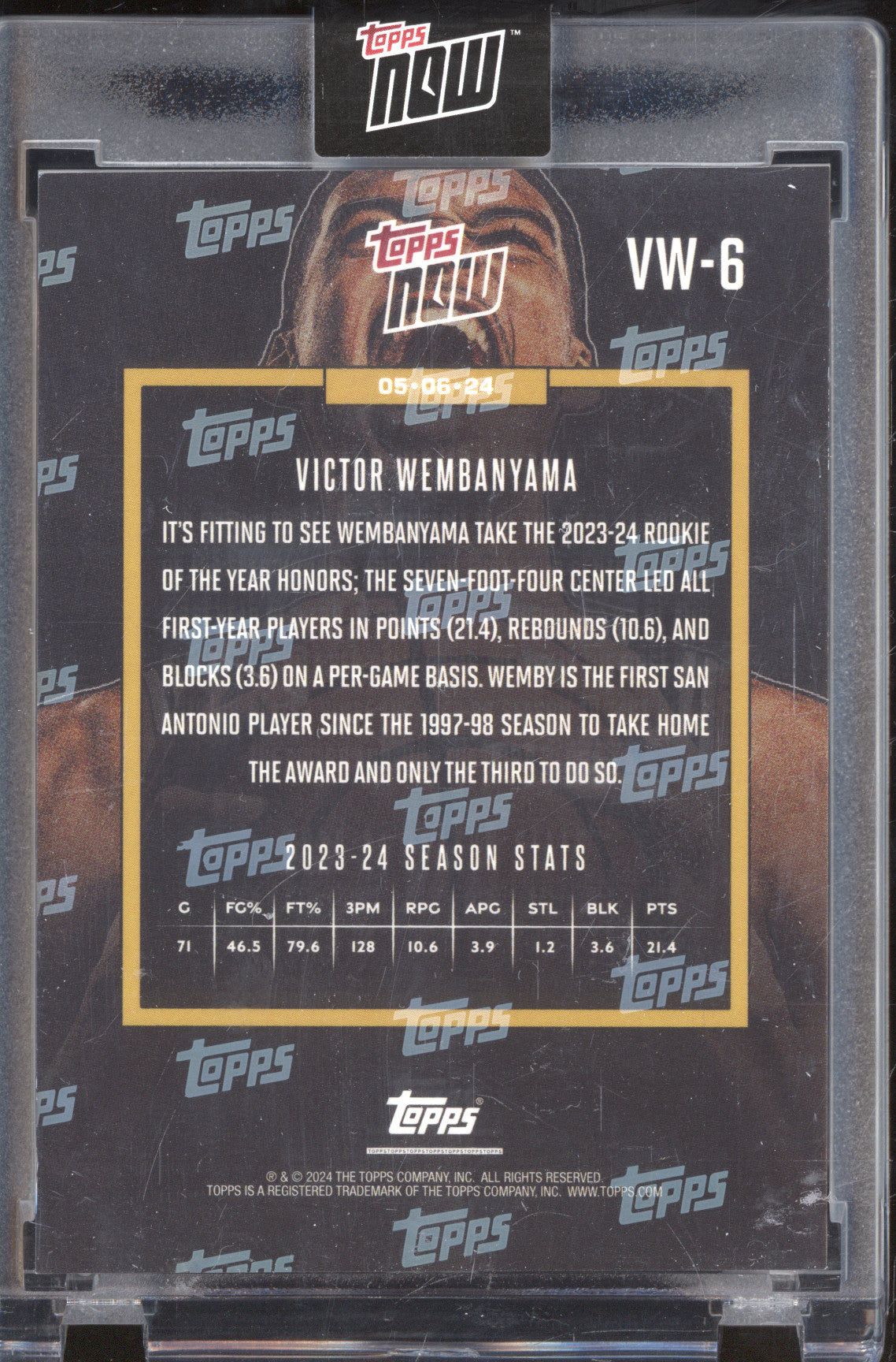 Victor Wembanyama 2024 Topps Now VW-6 Rookie of the Year RC