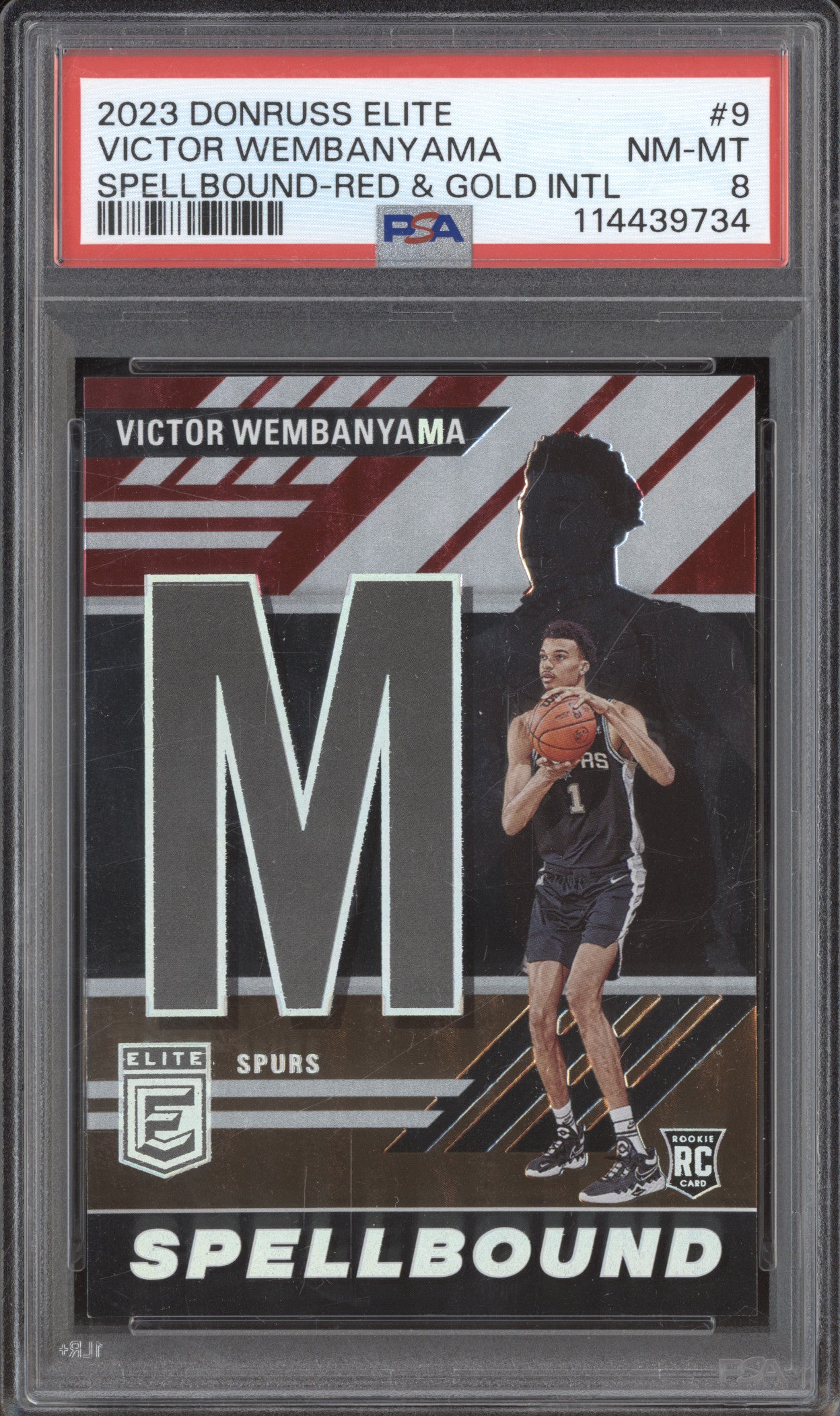 Victor Wembanyama 2023 Panini Donruss Elite 9 Spellbound Red Gold RC 9/10 PSA 8