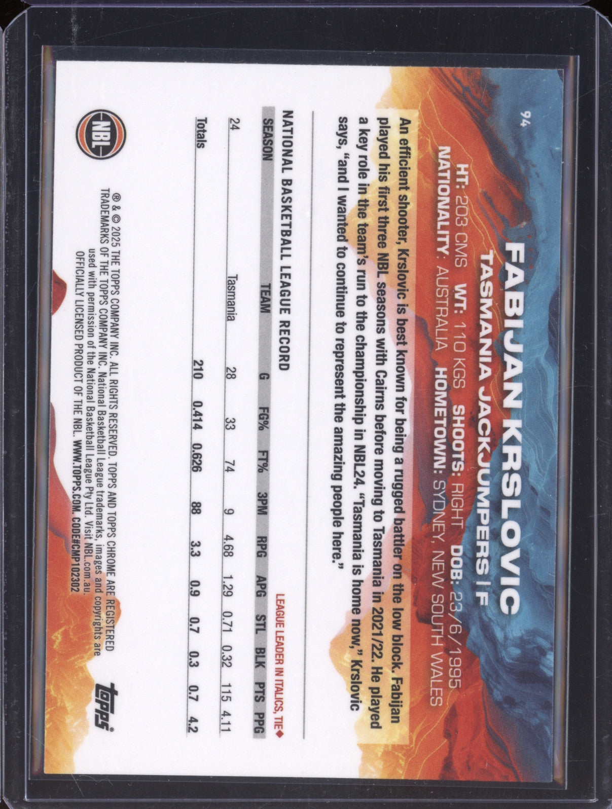 Fabijan Krslovic 2024 Topps Chrome NBL 94 Golden Wattle Refractor 092/125