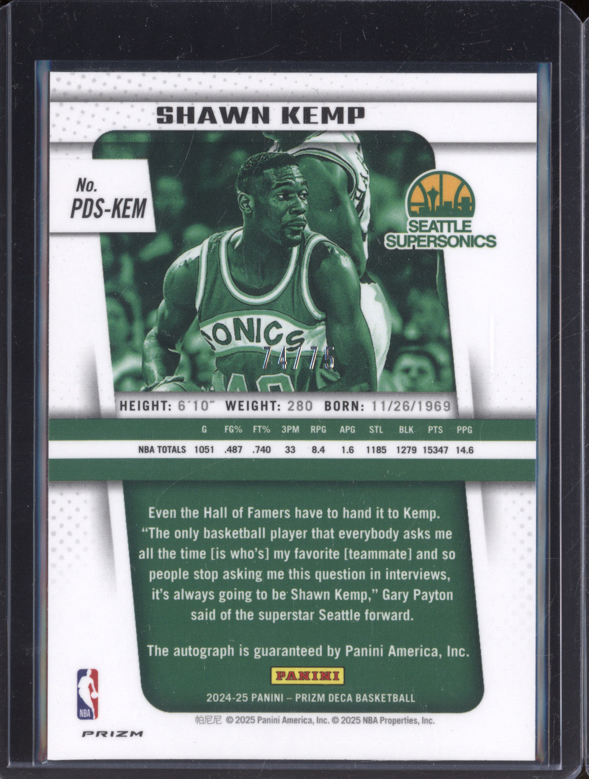 Shawn Kemp 2024-25 Panini Prizm Deca PDS-KEM Purple Auto 74/75