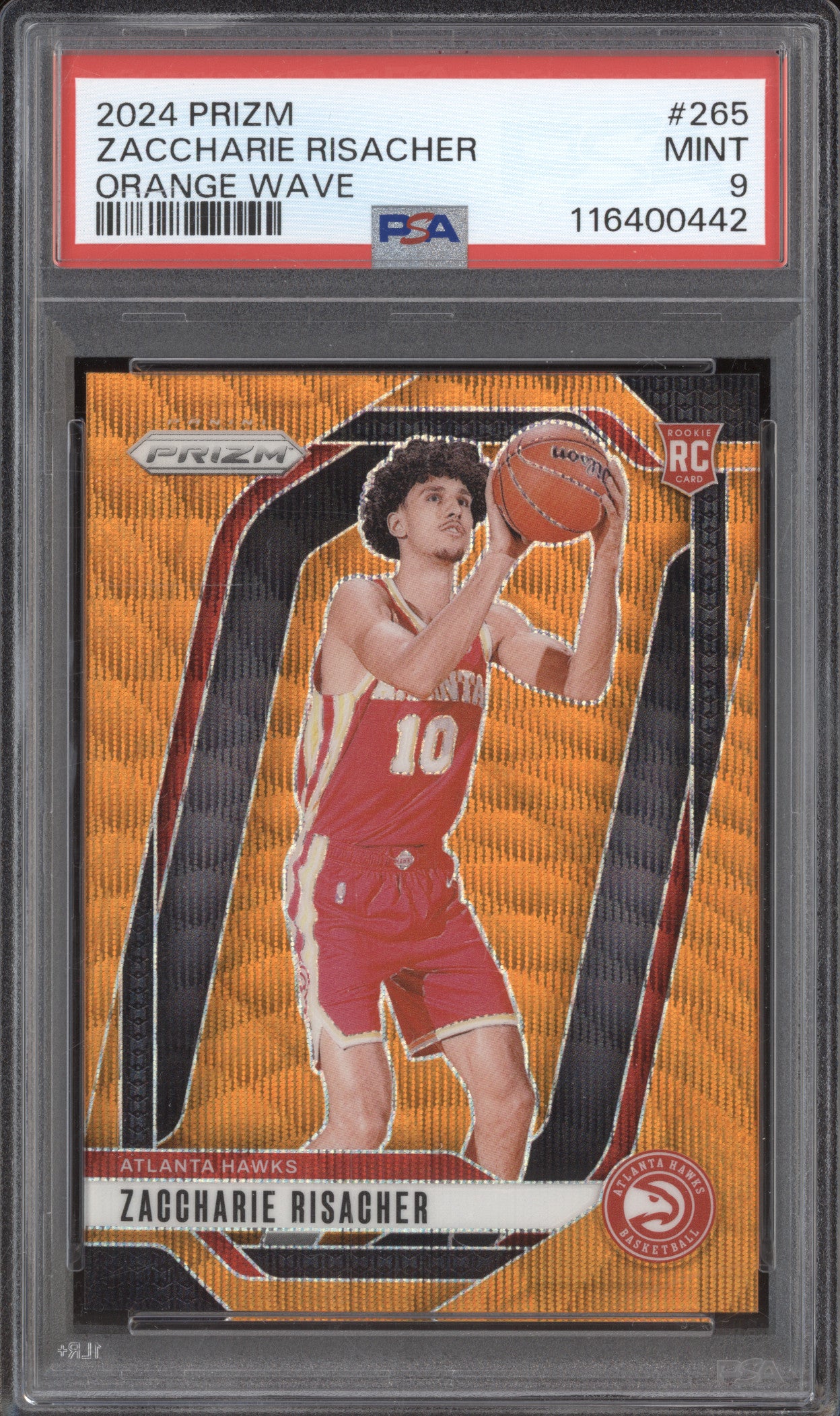 Zaccharie Risacher 2024-25 Panini Prizm 265 Orange Wave RC 21/60 PSA 9