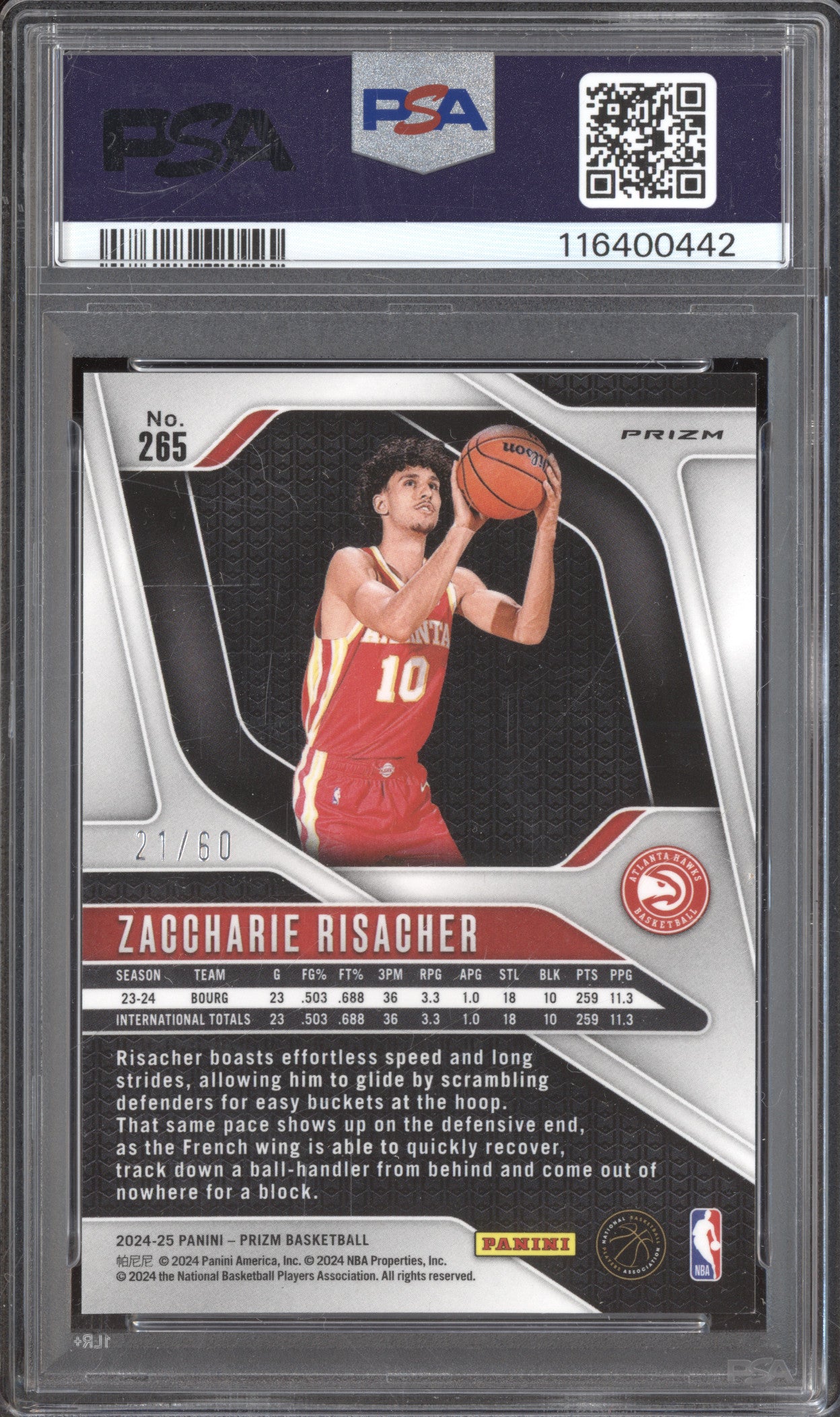 Zaccharie Risacher 2024-25 Panini Prizm 265 Orange Wave RC 21/60 PSA 9