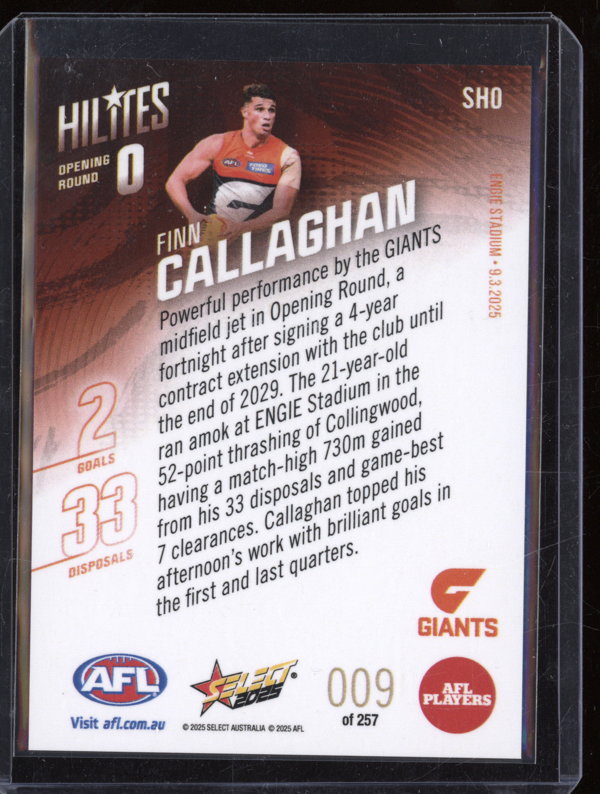 Finn Callaghan 2025 Select Hilites SH0 Round Zero 009/257