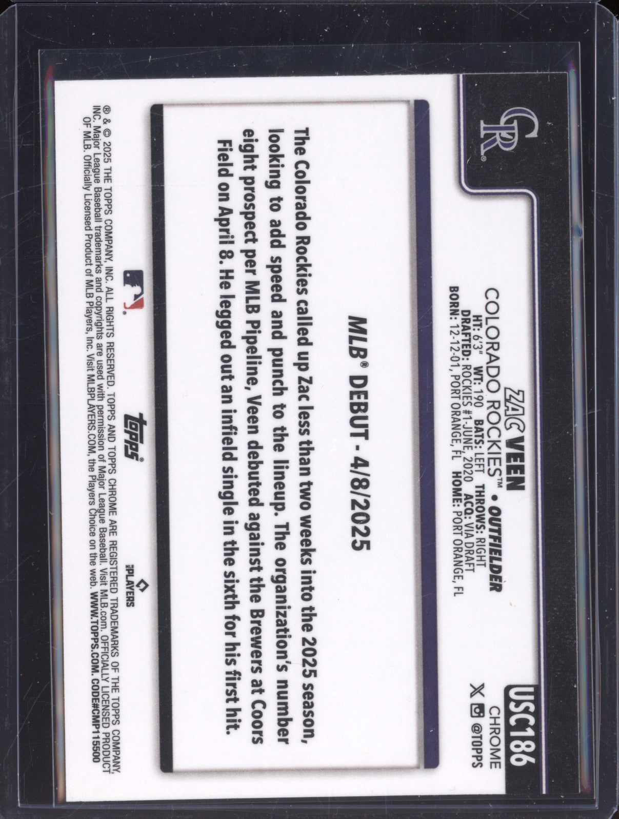 Zac Veen 2025 Topps Chrome Update USC186 Blue Refractor RC /150