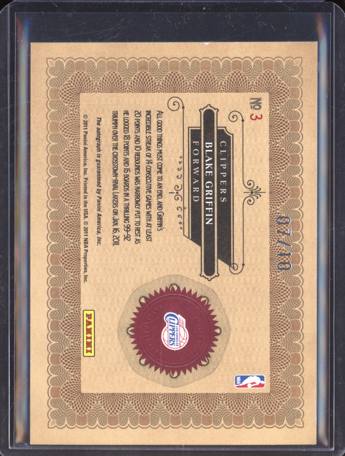 Blake Griffin 2010-11 Panini Gold Standard 3 Gold Nuggets Auto 7/10