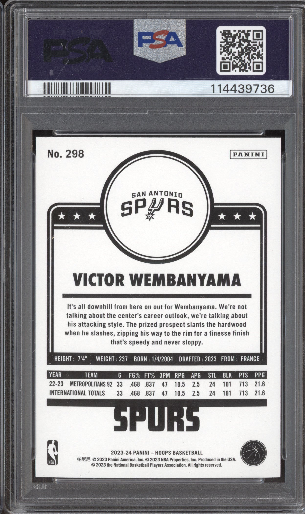 Victor Wembanyama 2023-24 Panini Hoops 298 Neon Green RC PSA 9