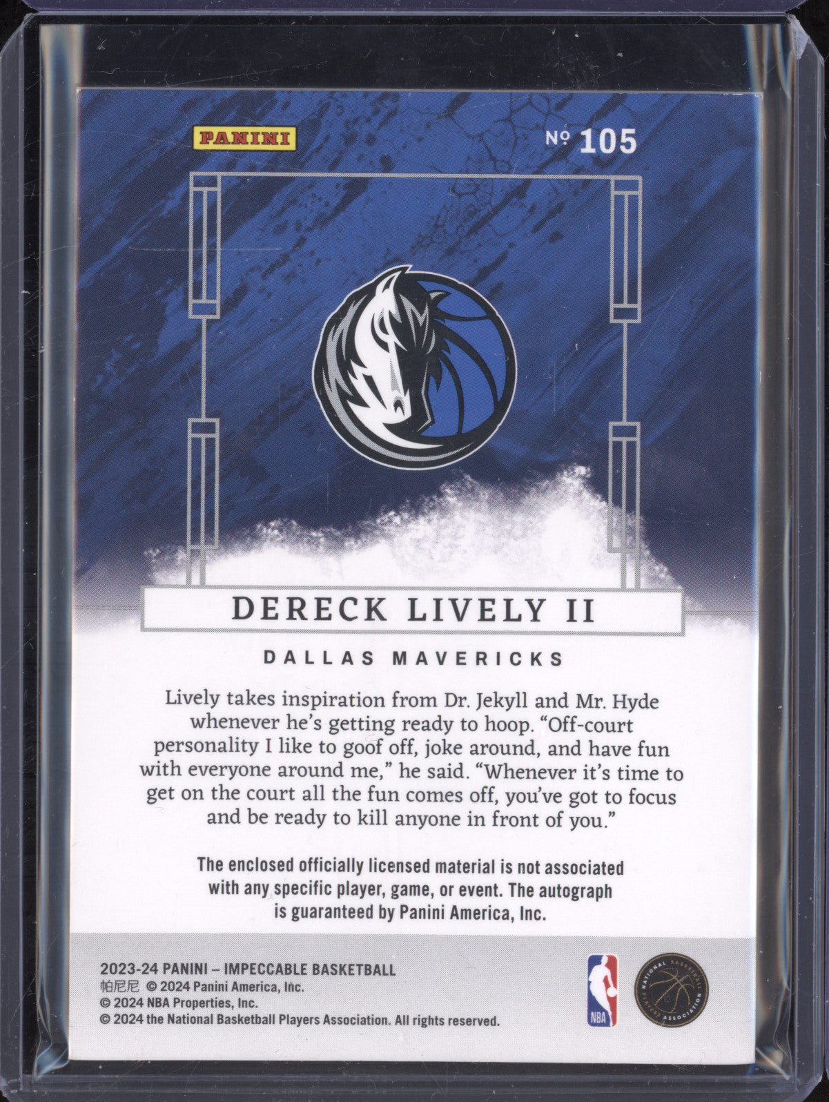 Dereck Lively II 2023-24 Panini Impeccable 105 Rookie Jersey Auto Int RC 52/88