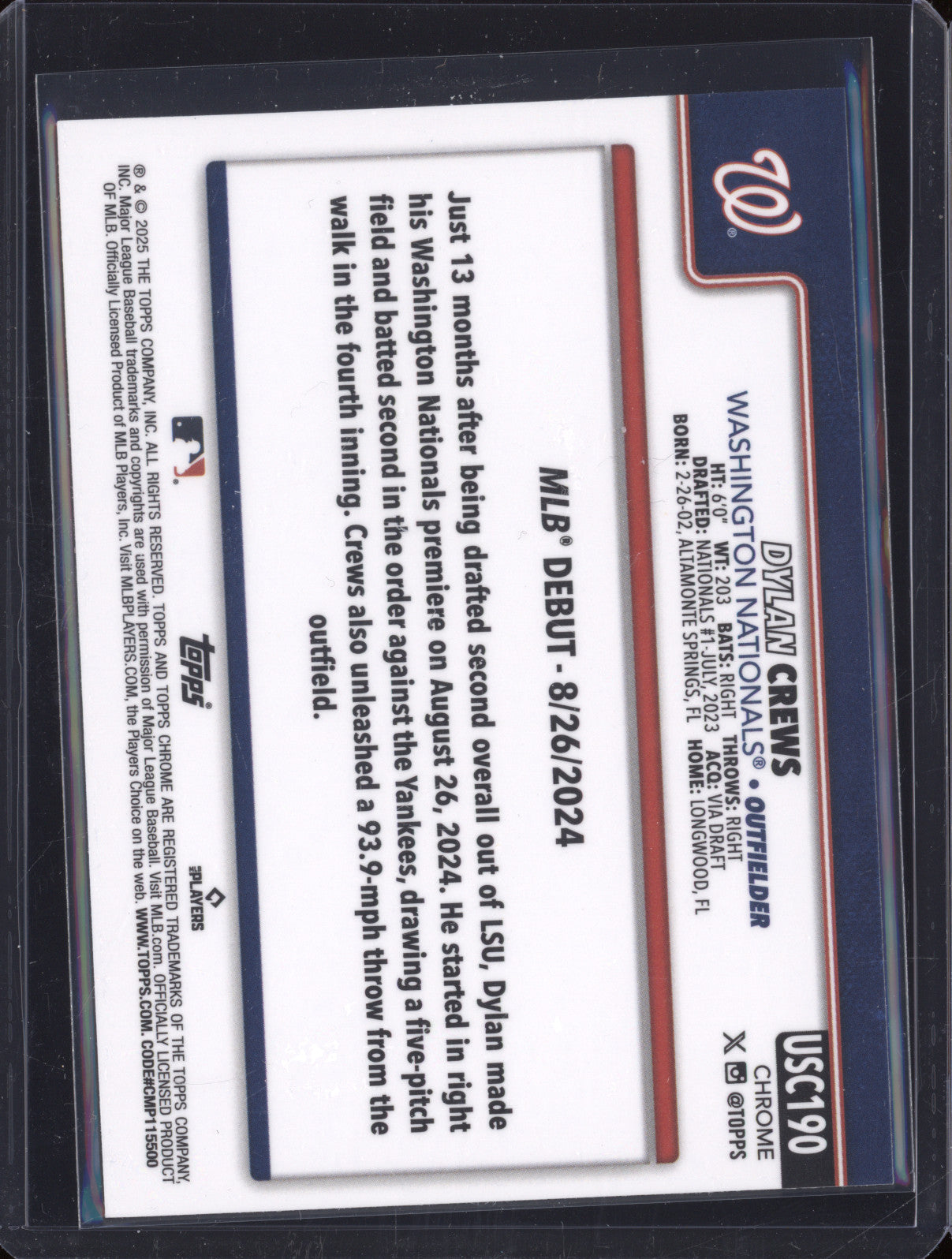 Dylan Crews 2025 Topps Chrome Update USC190 Blue Wave RC /150