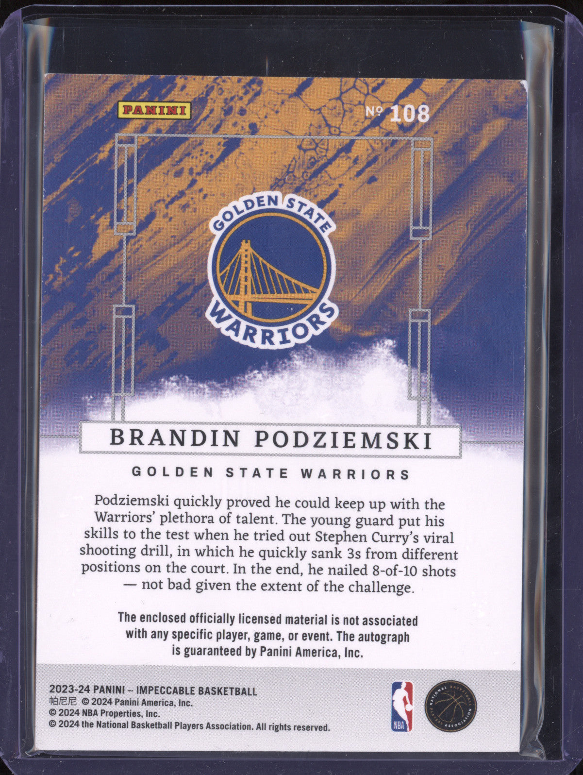 Brandin Podziemski 2023-24 Panini Impeccable 108 Rookie Jersey Auto Int RC 39/88