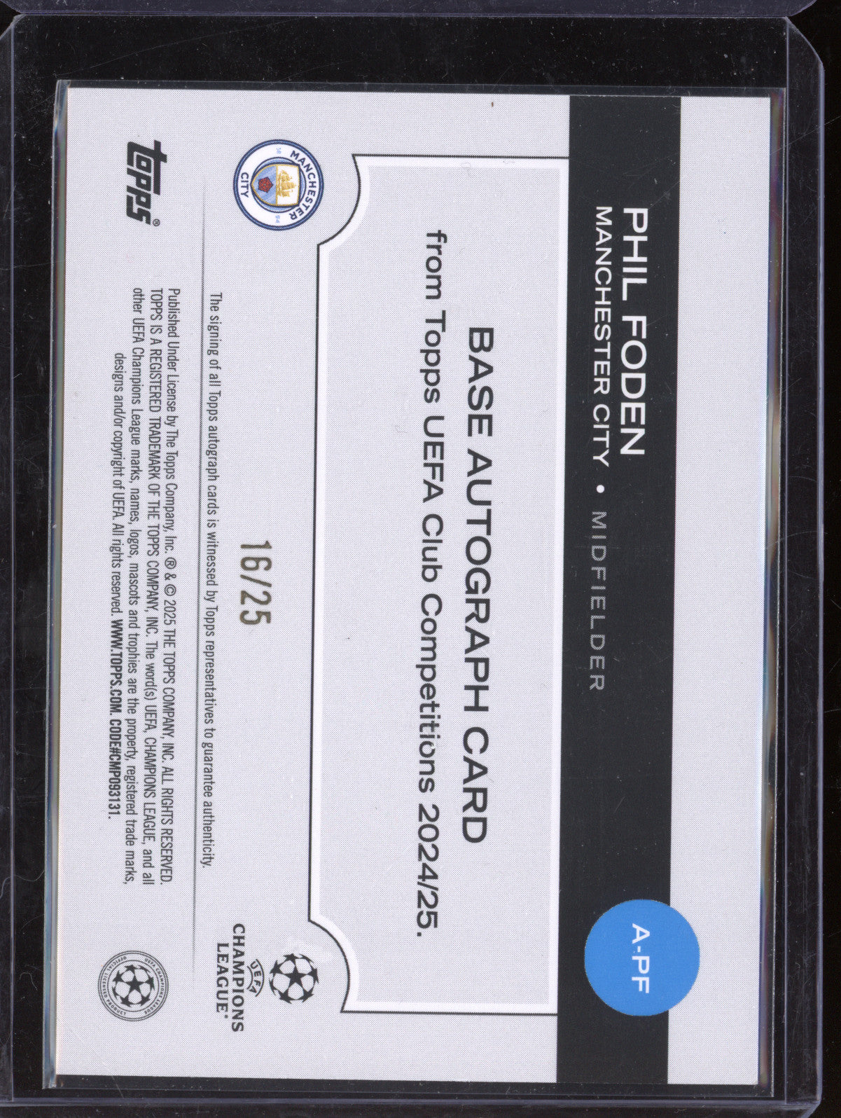 Phil Foden 2024-25 Topps UCC A-PF Orange Foilboard Auto 16/25