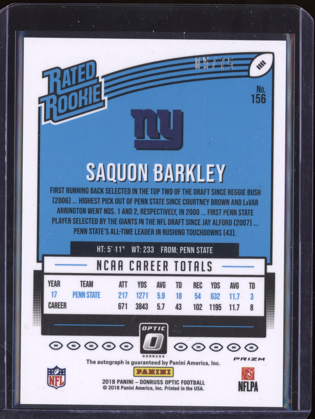 Saquon Barkley 2018 Panini Donruss Optic 156 Rated Rookie Auto Blue RC 5/75