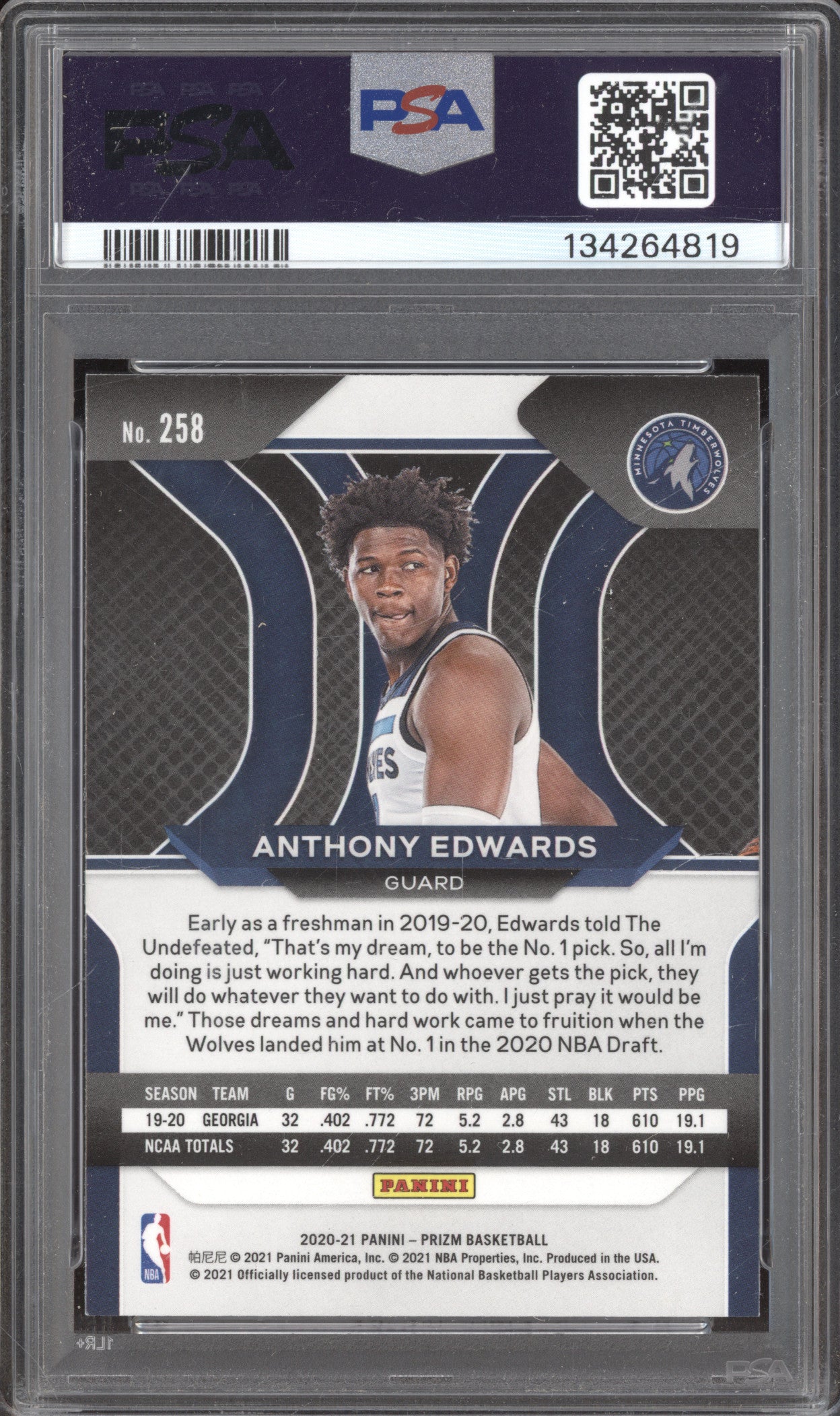 2020-21 Panini Prizm 258 Anthony Edwards Base RC PSA 9
