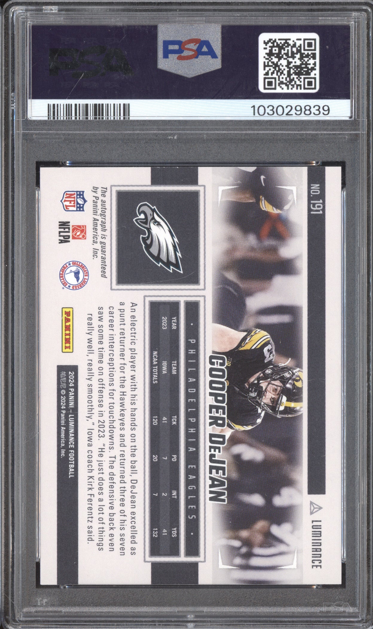 Cooper DeJean 2024 Panini Luminance 191 Autograph Green RC 18/25 PSA 10